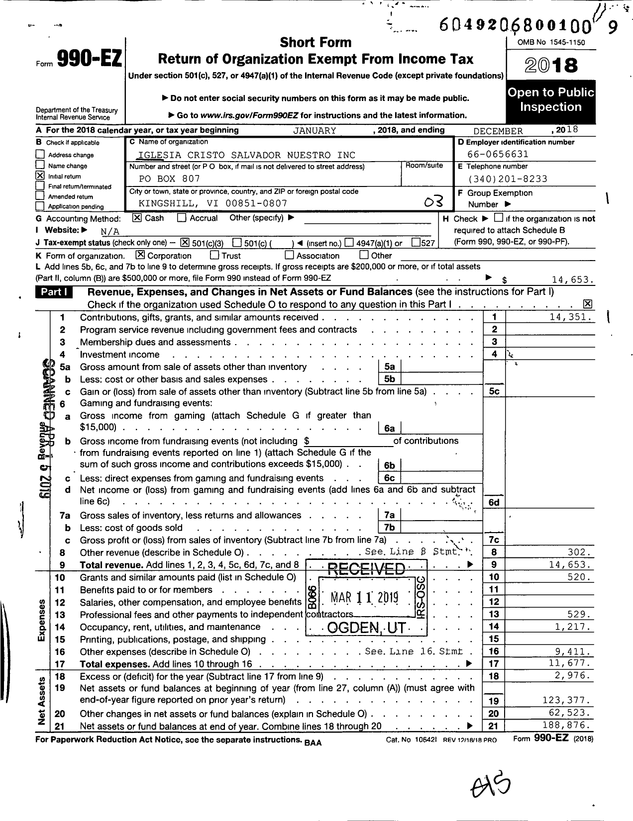 Image of first page of 2018 Form 990EZ for Cristo Salvador Nuestro