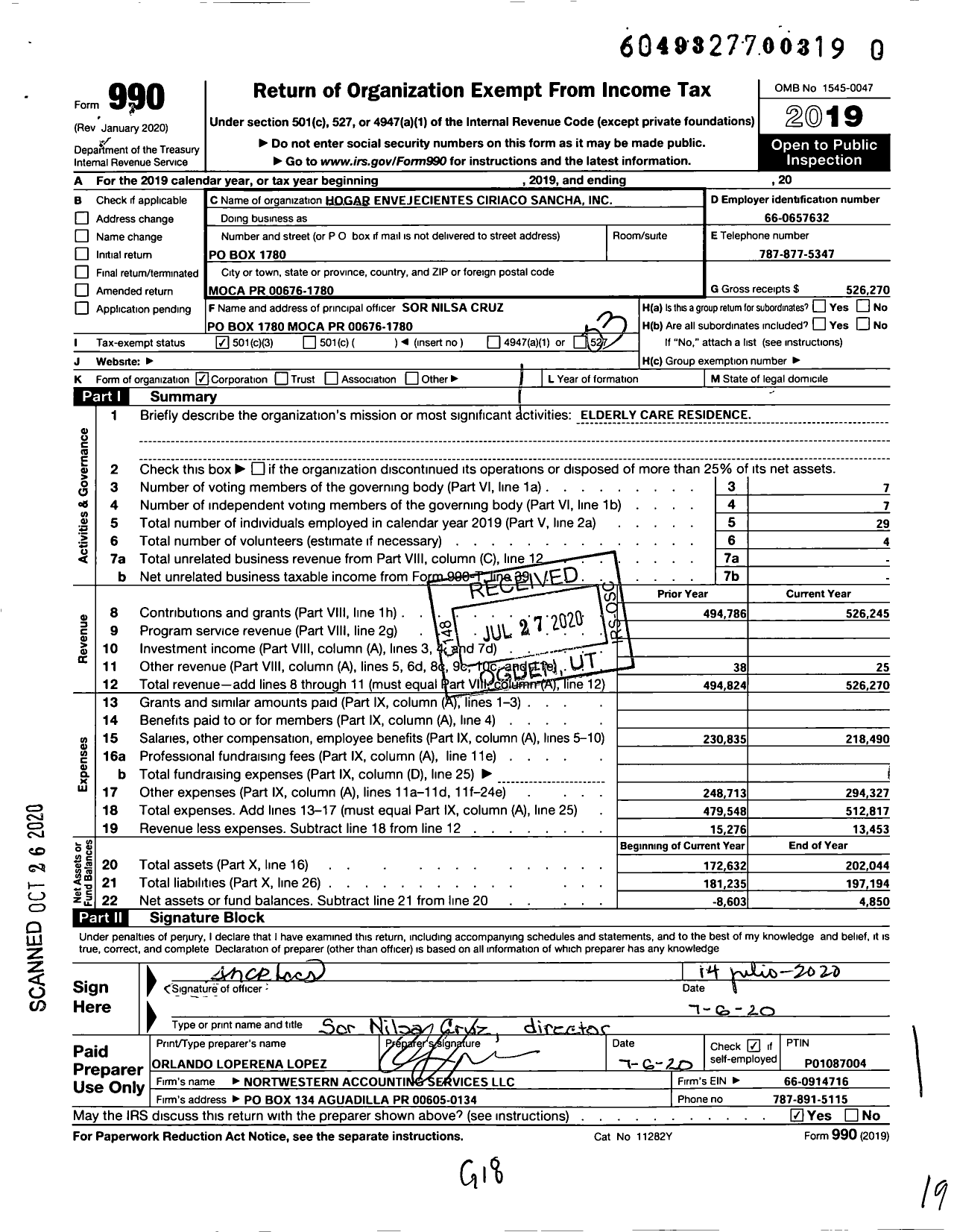 Image of first page of 2019 Form 990 for Hogar de Envejecientes Ciriaco Sancha