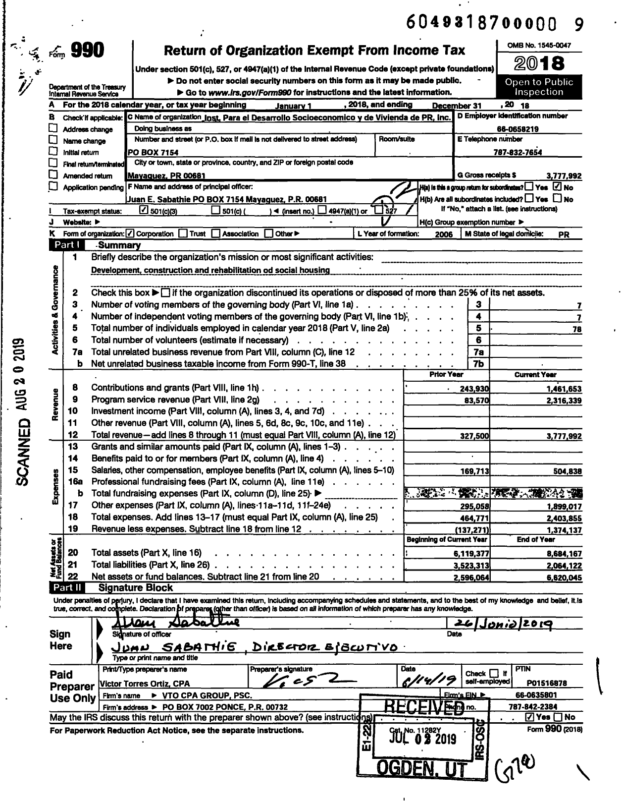 Image of first page of 2018 Form 990 for Instituto Parr El Desarrollo Socioeconomico Economico Y de Vivienda de PR