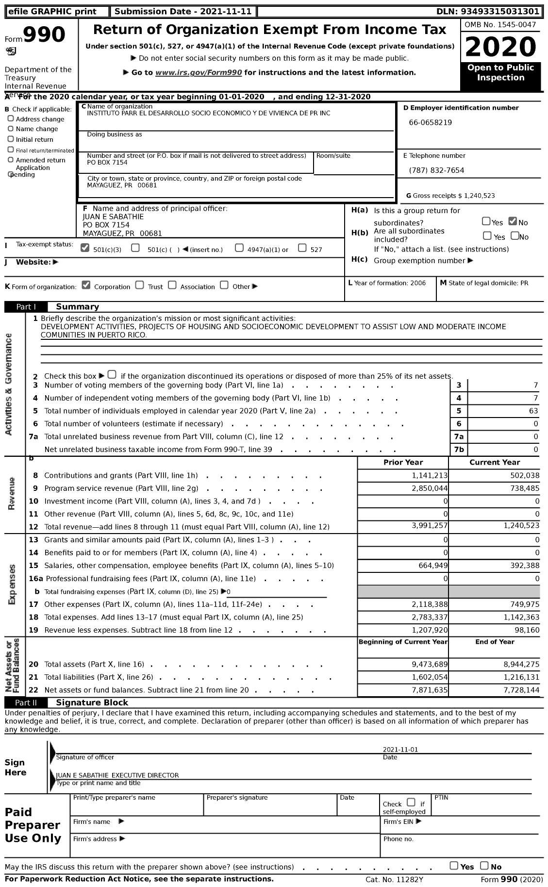 Image of first page of 2020 Form 990 for Instituto Parr El Desarrollo Socioeconomico Economico Y de Vivienda de PR