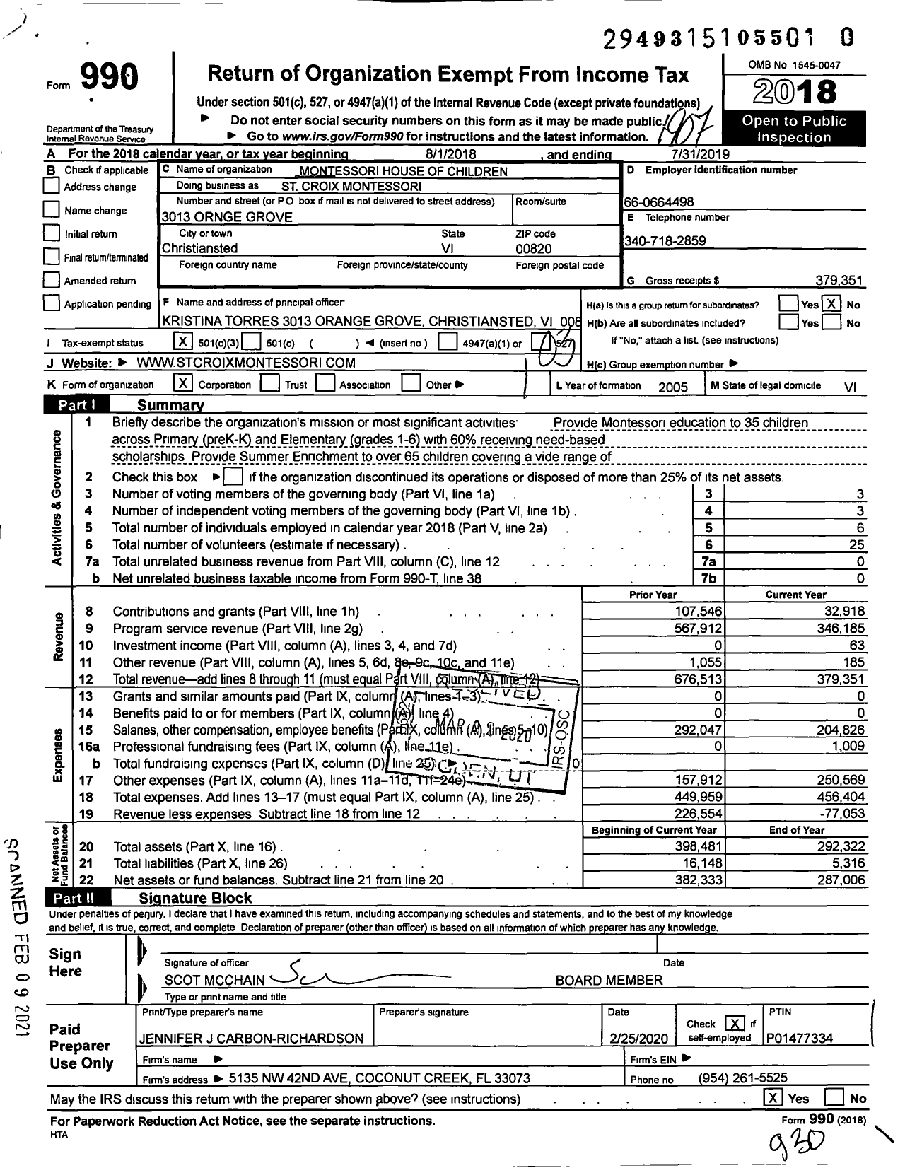 Image of first page of 2018 Form 990 for Montessori House of Children / St Croix Montessori