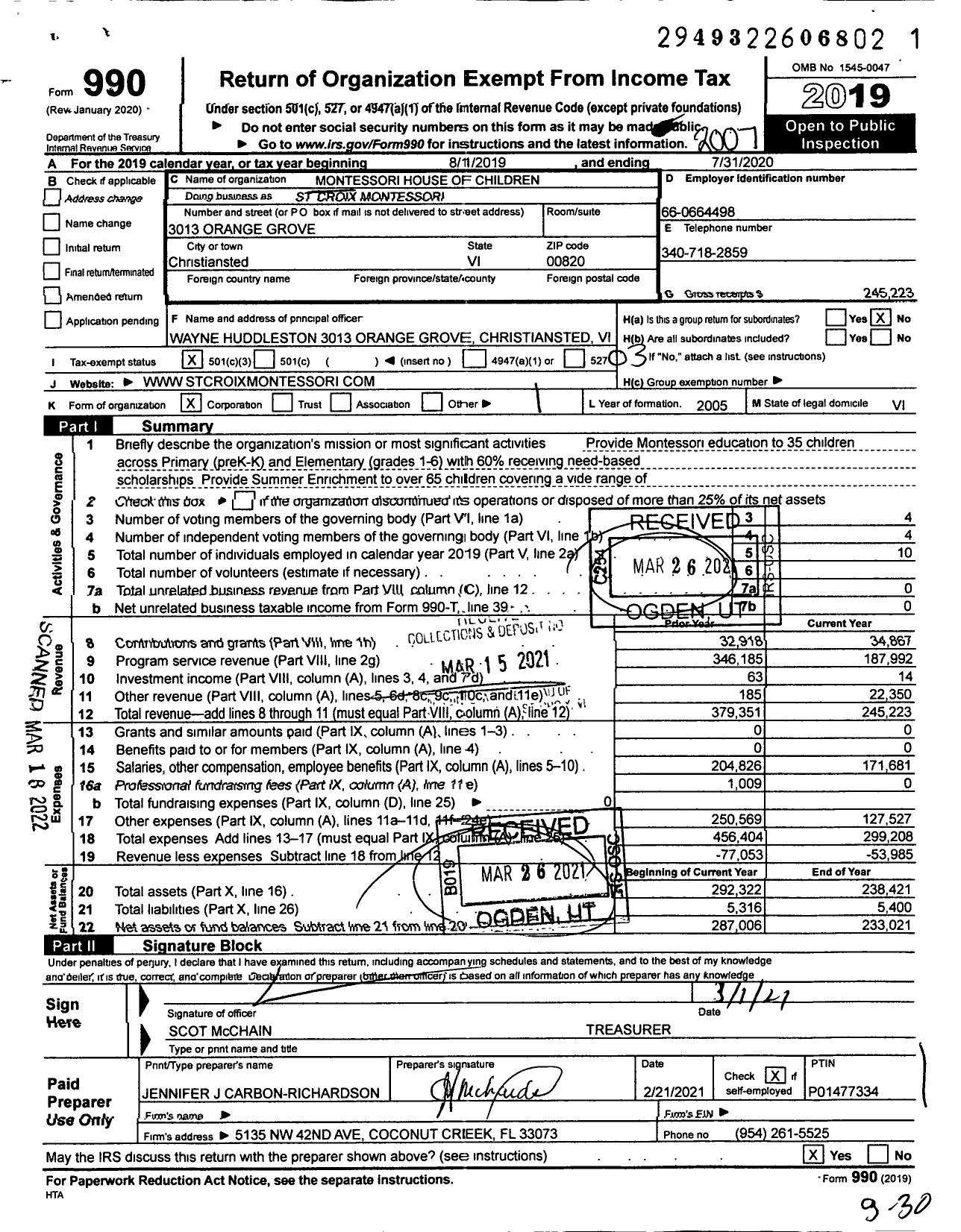 Image of first page of 2019 Form 990 for Montessori House of Children / St Croix Montessori