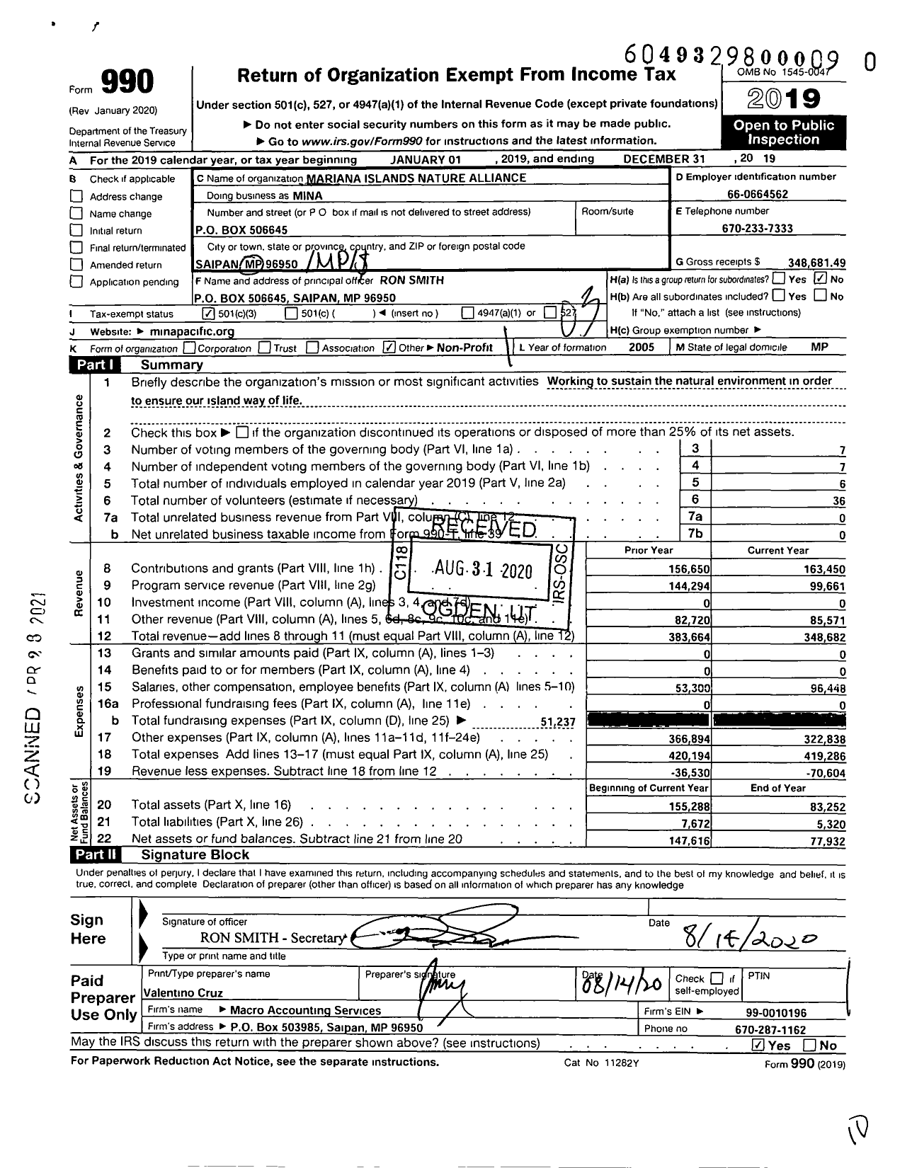 Image of first page of 2019 Form 990 for Mariana Islands Nature Alliance