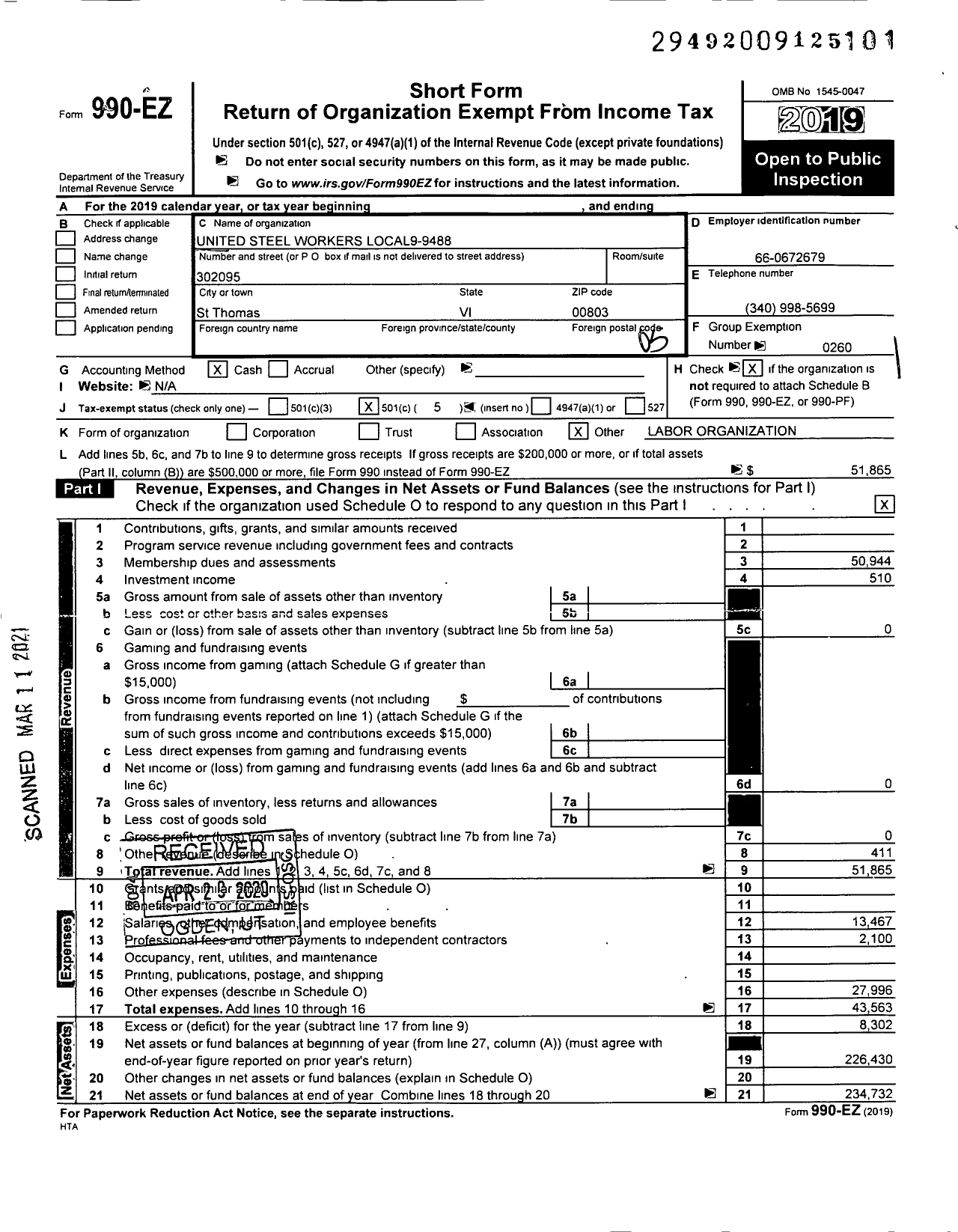 Image of first page of 2019 Form 990EO for United Steelworkers Local 9488