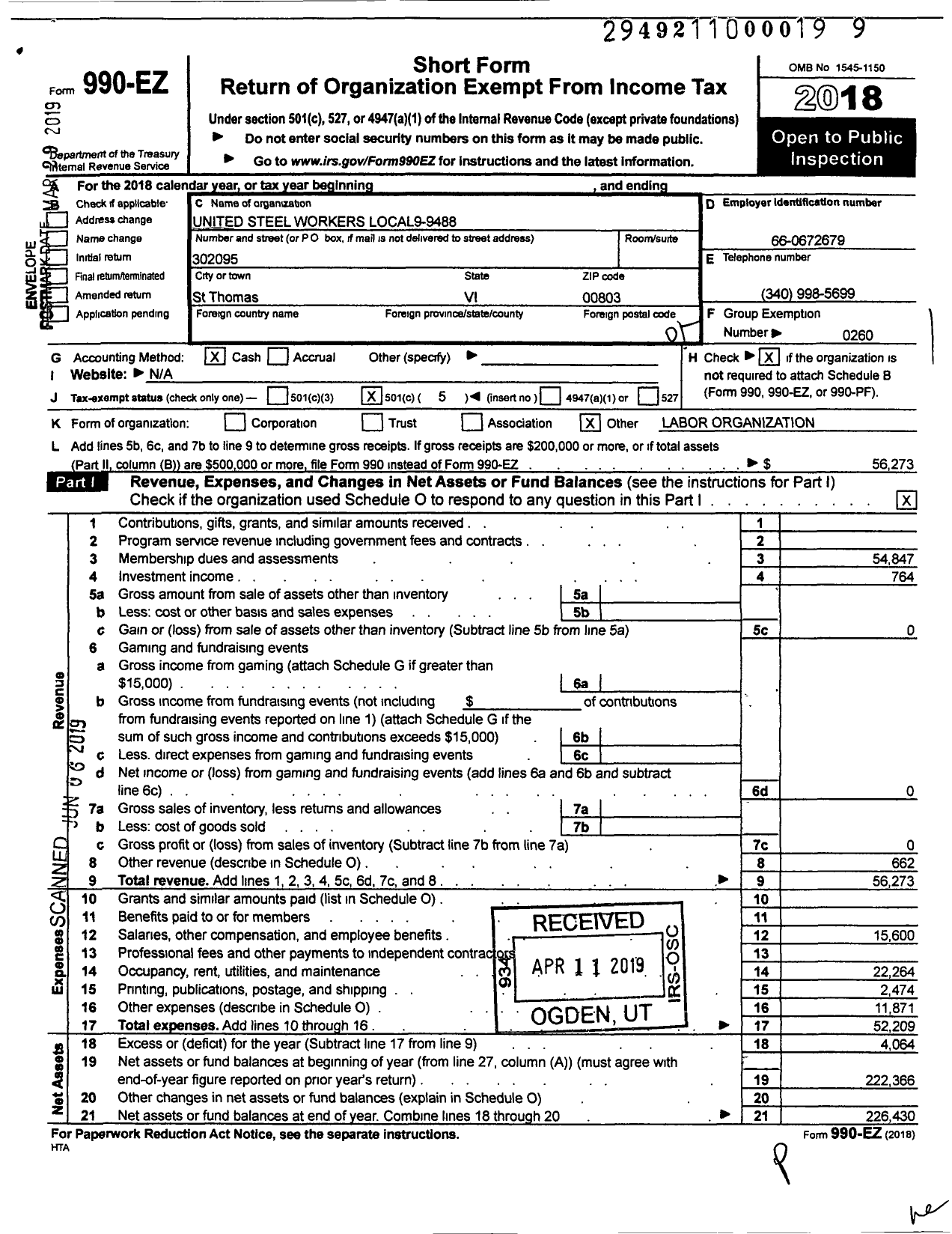 Image of first page of 2018 Form 990EO for United Steelworkers Local 9488