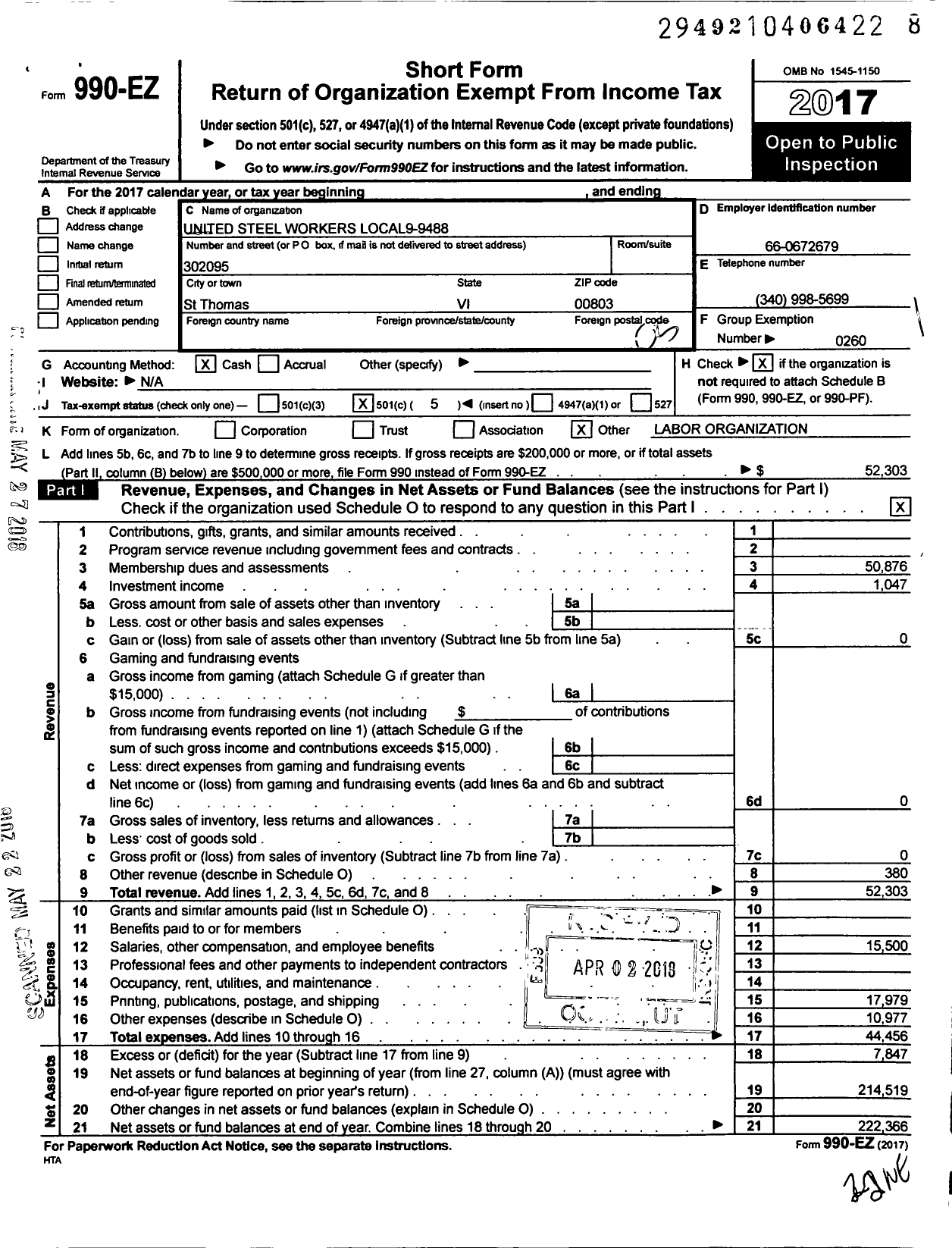 Image of first page of 2017 Form 990EO for United Steelworkers Local 9488