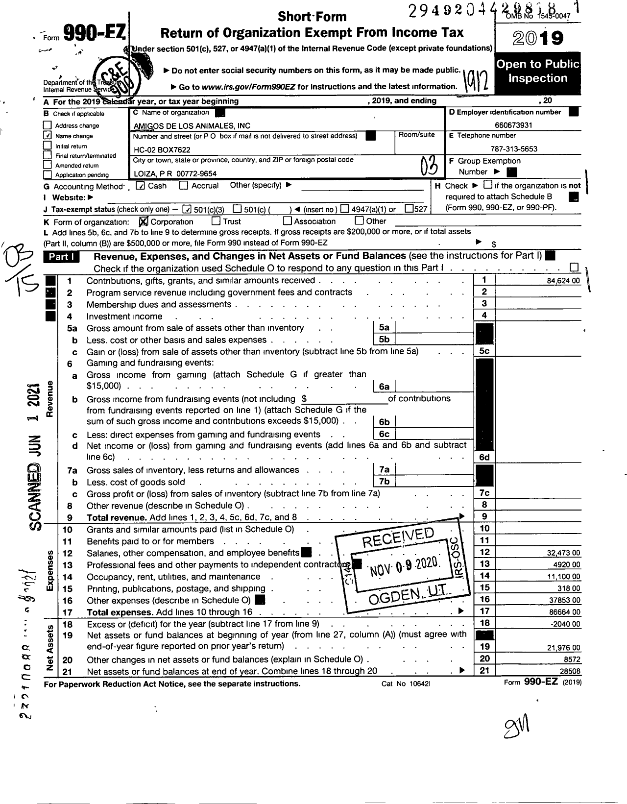 Image of first page of 2019 Form 990EZ for Amigos de Los Animales