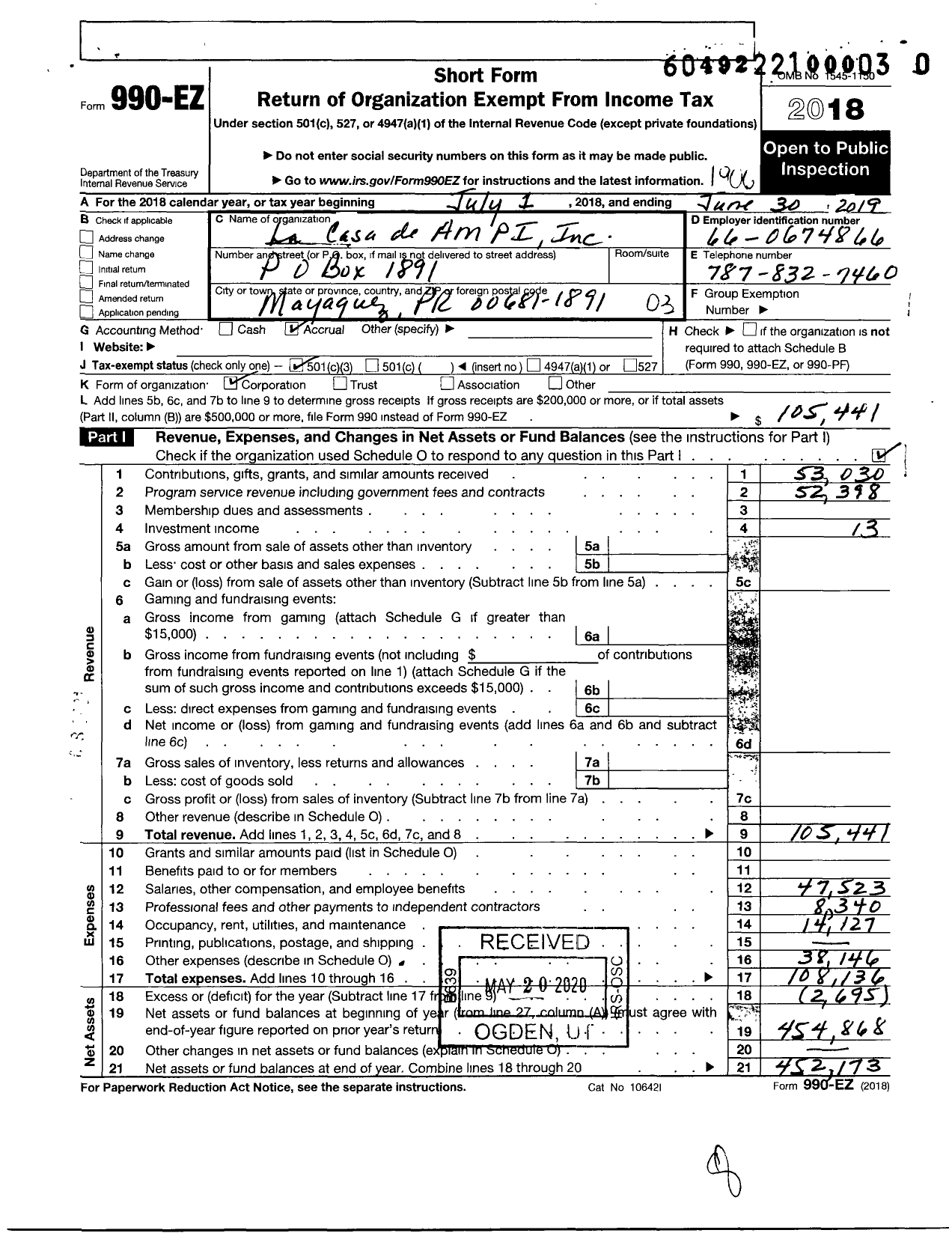 Image of first page of 2018 Form 990EZ for La Casa de Ampi