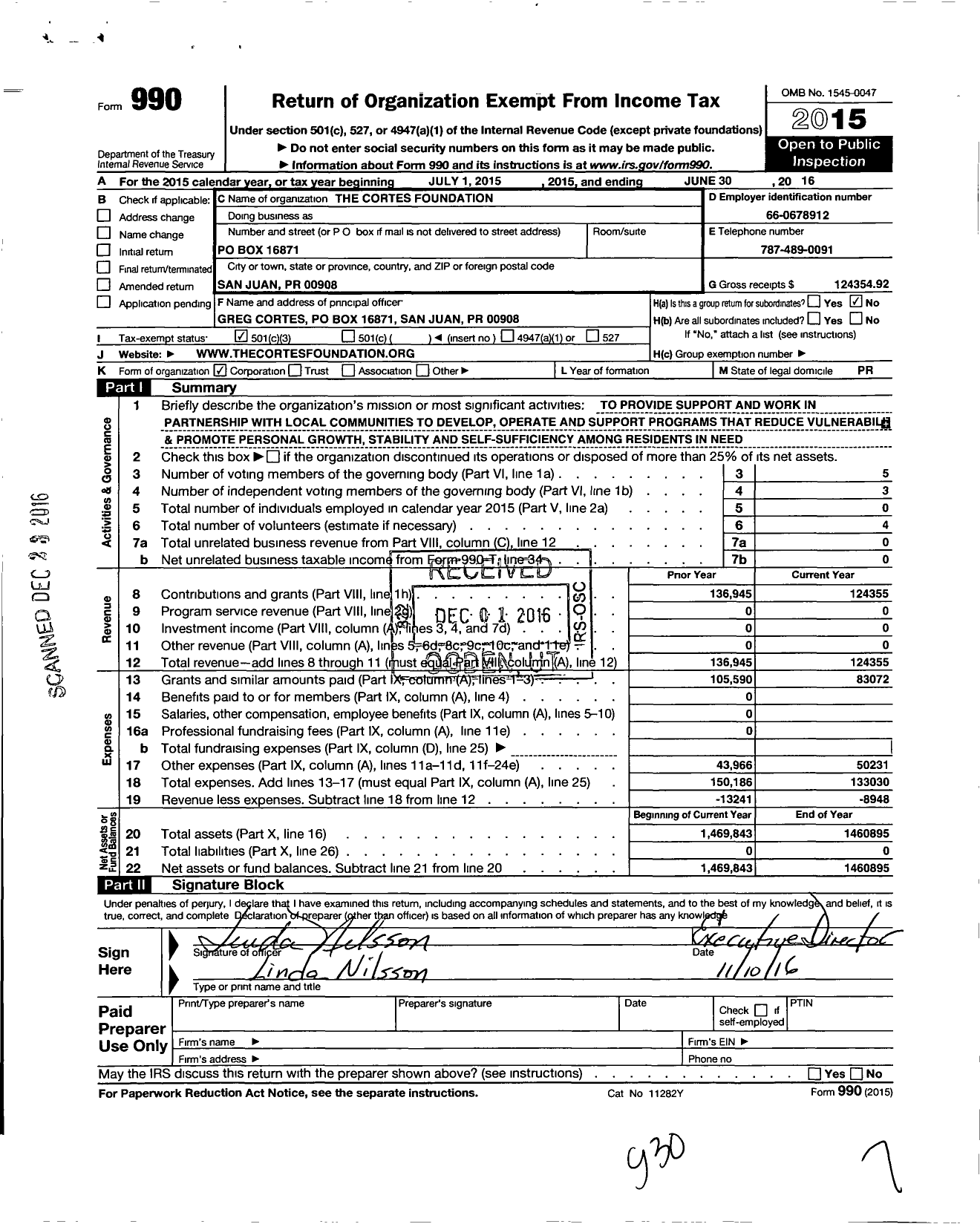 Image of first page of 2015 Form 990 for Cortes Foundation