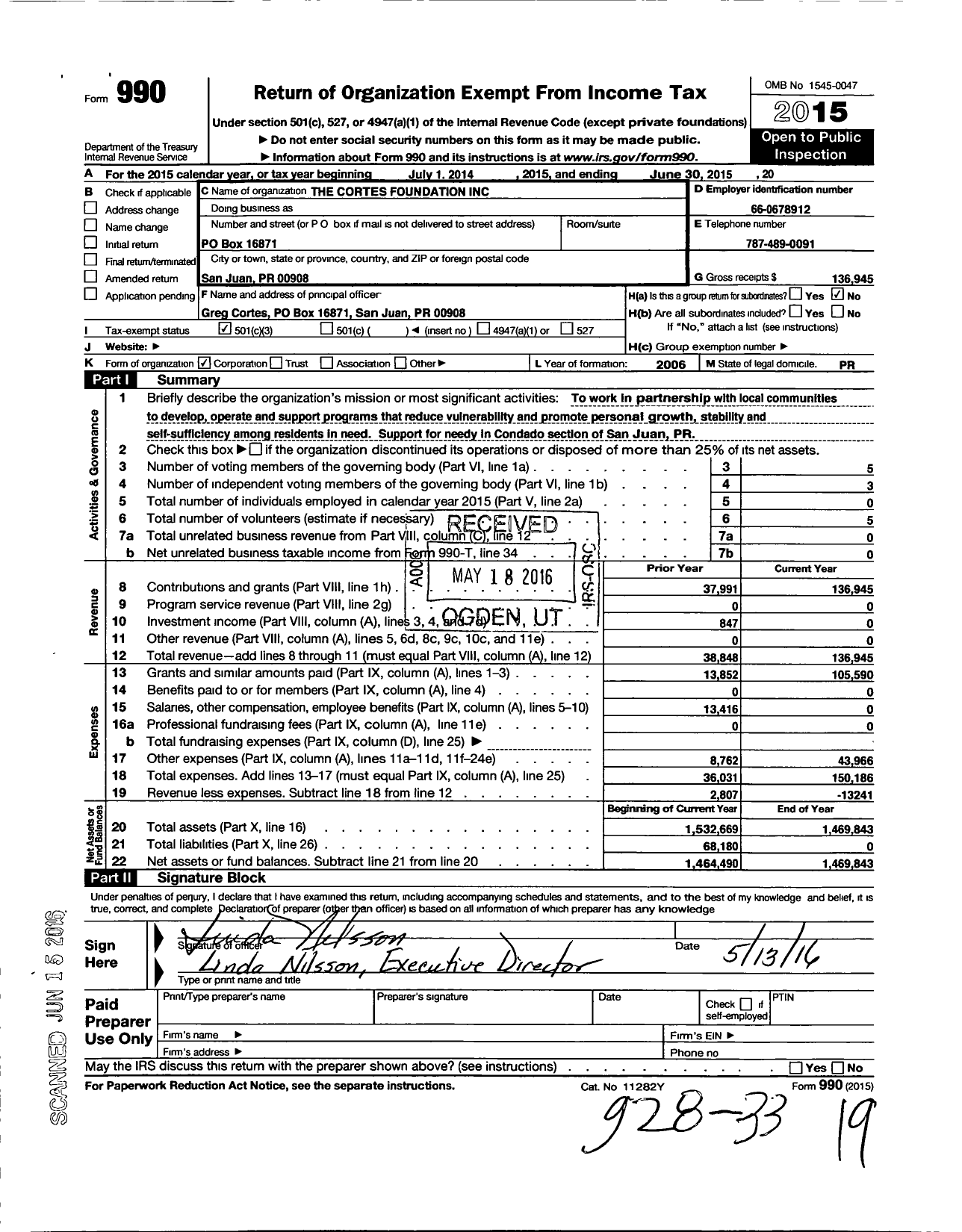 Image of first page of 2014 Form 990 for Cortes Foundation