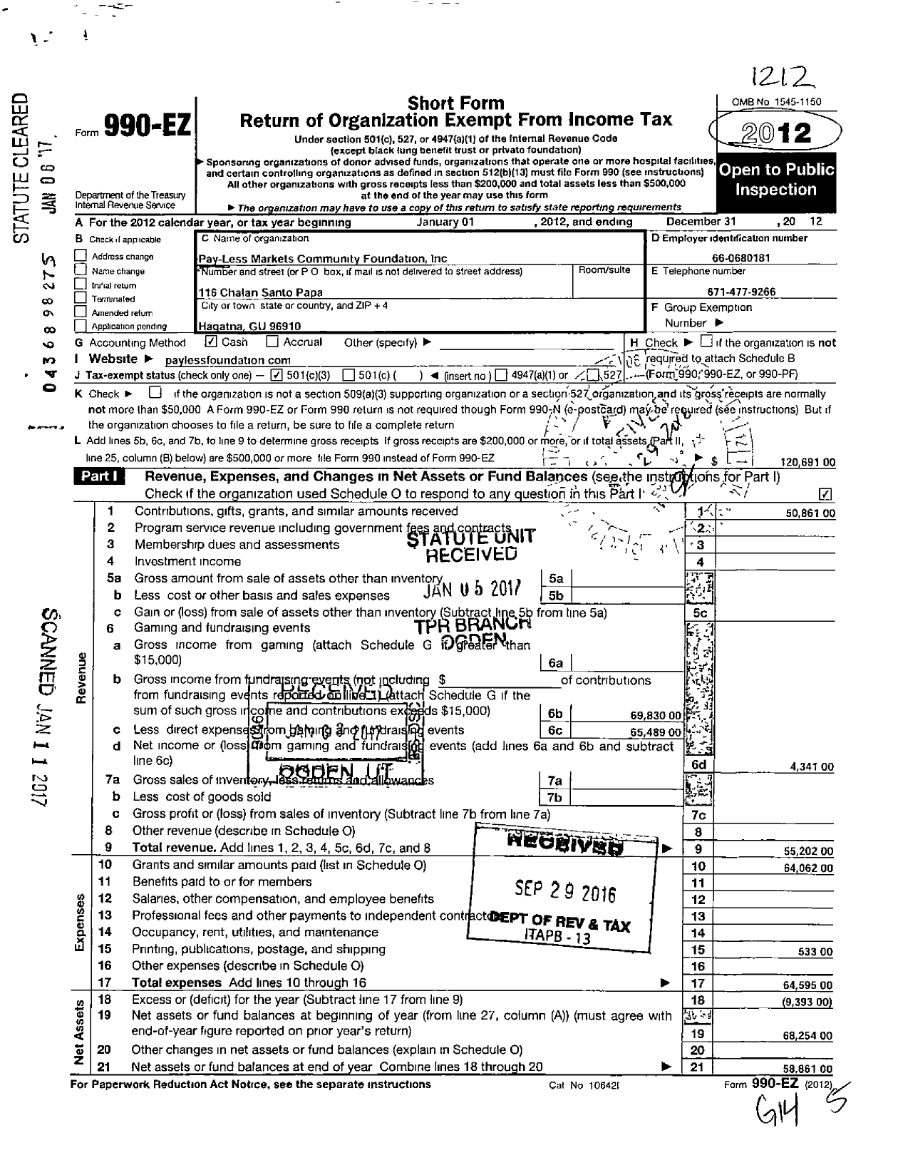 Image of first page of 2012 Form 990EZ for Pay Less Markets Community Foundation