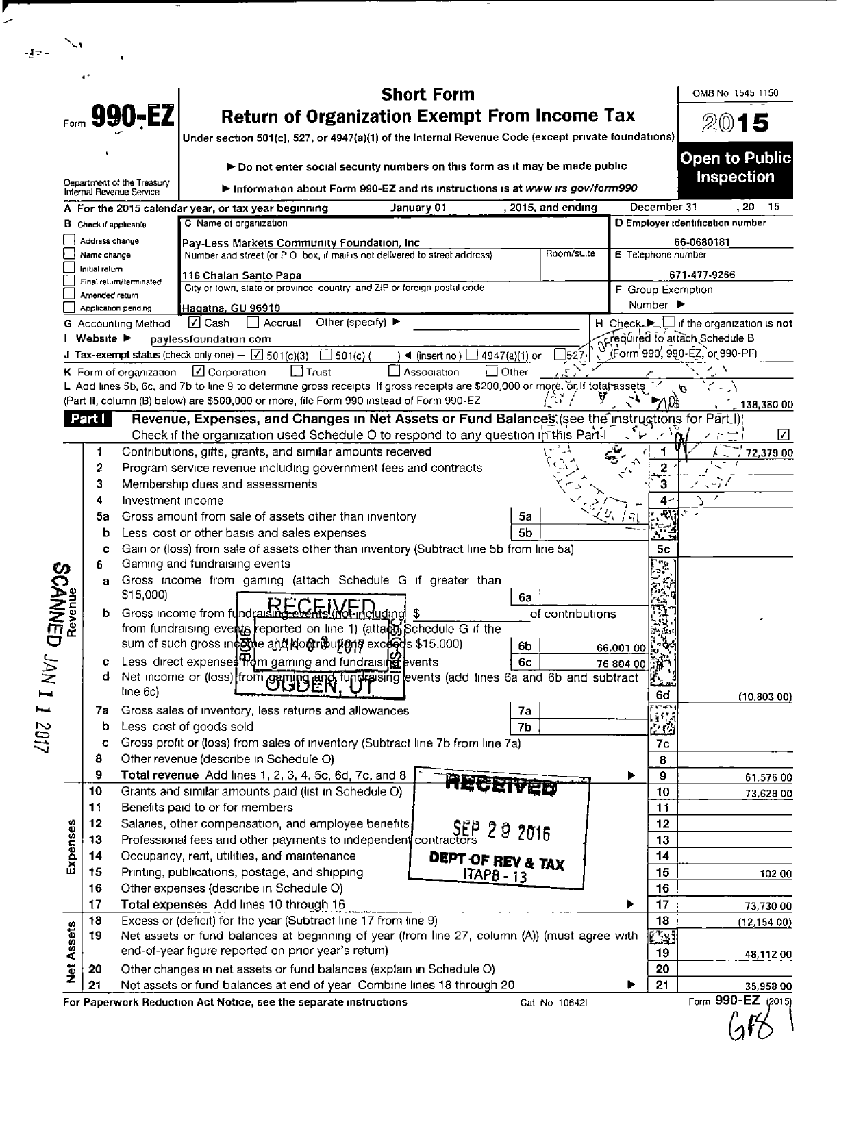 Image of first page of 2015 Form 990EZ for Pay Less Markets Community Foundation