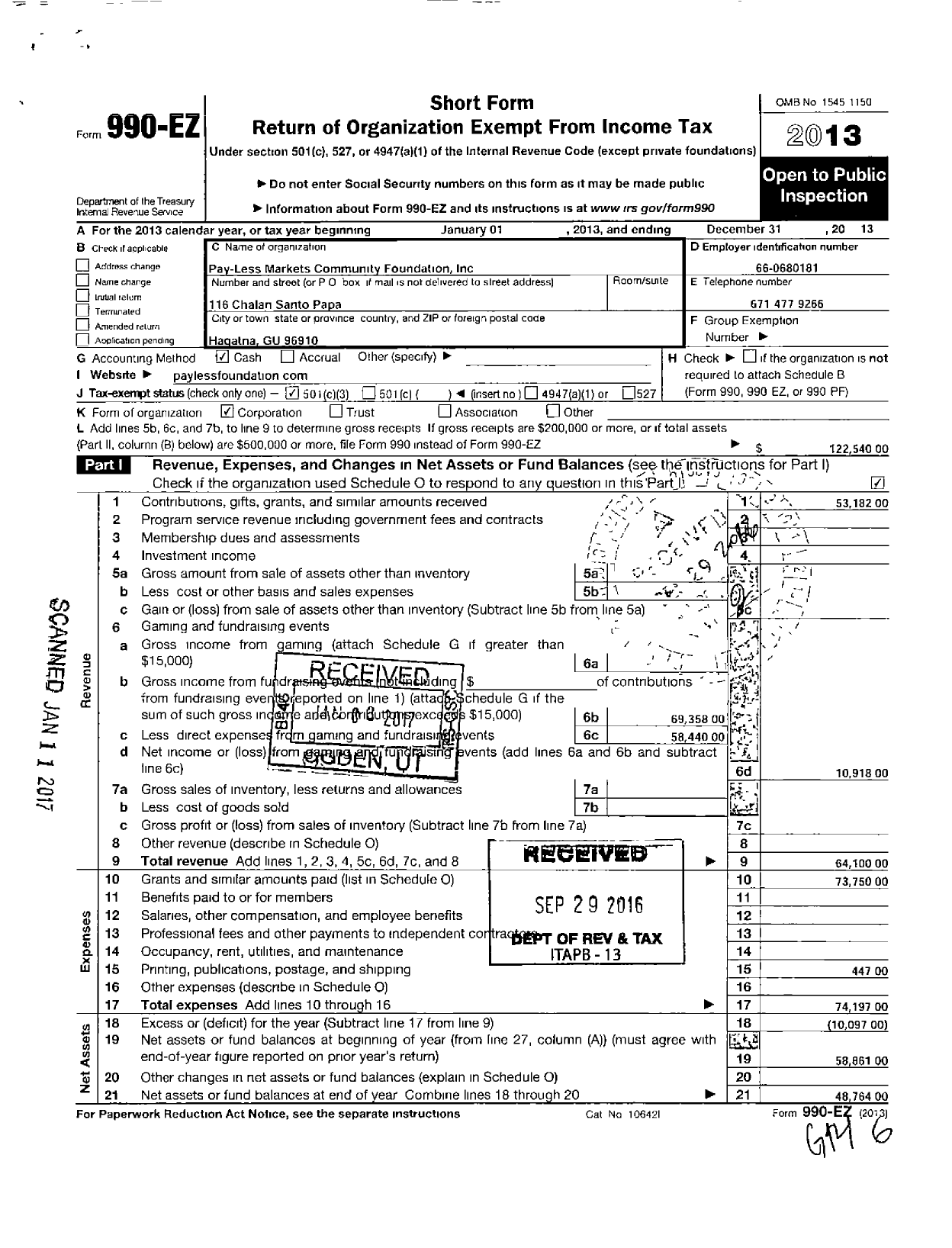 Image of first page of 2013 Form 990EZ for Pay Less Markets Community Foundation