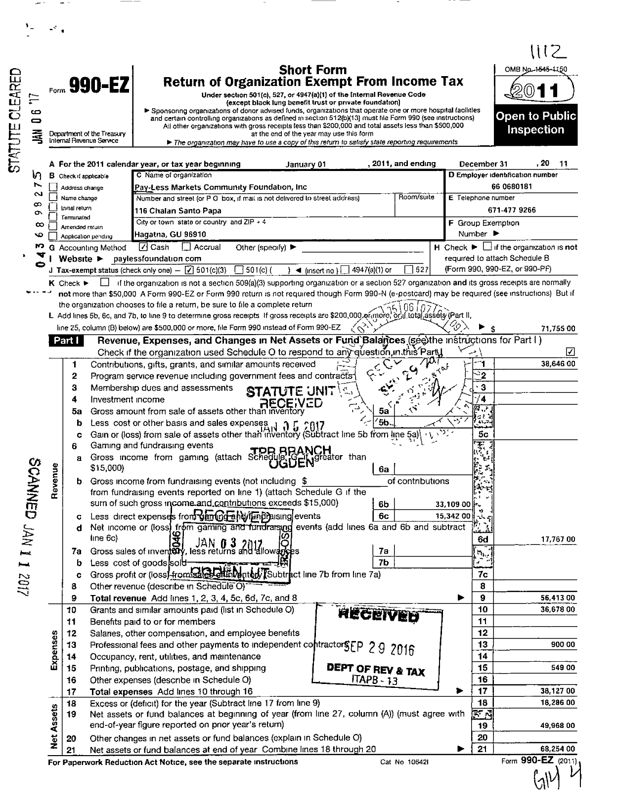 Image of first page of 2011 Form 990EZ for Pay Less Markets Community Foundation