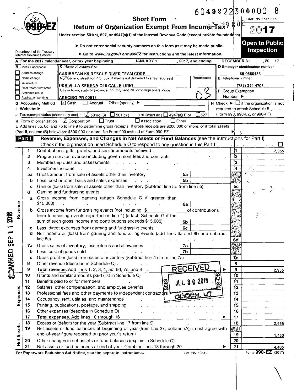 Image of first page of 2017 Form 990EZ for Caribbean K9 and Rescue Diver