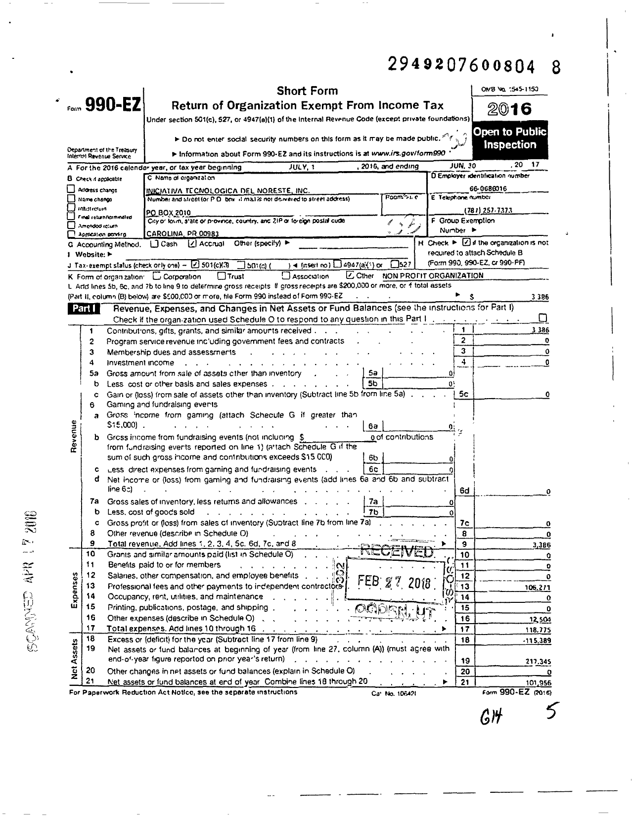 Image of first page of 2016 Form 990EZ for Iniciativa Technologica Del Noreste