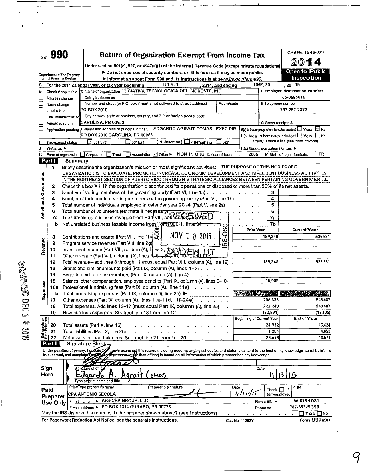 Image of first page of 2014 Form 990 for Iniciativa Technologica Del Noreste