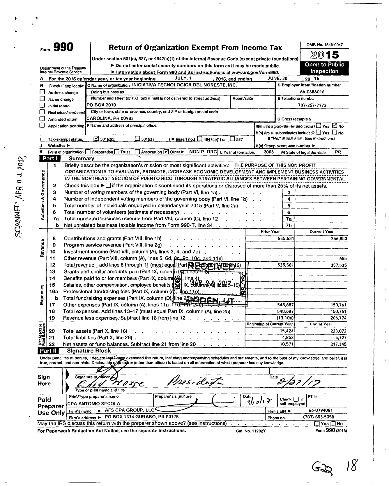 Image of first page of 2015 Form 990 for Iniciativa Technologica Del Noreste