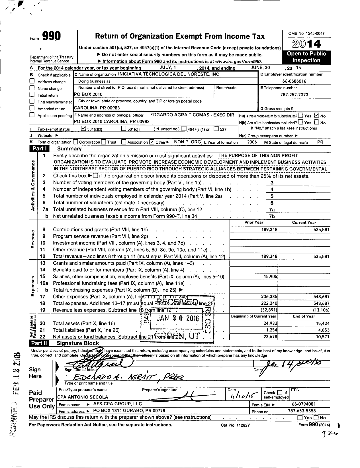 Image of first page of 2014 Form 990 for Iniciativa Technologica Del Noreste