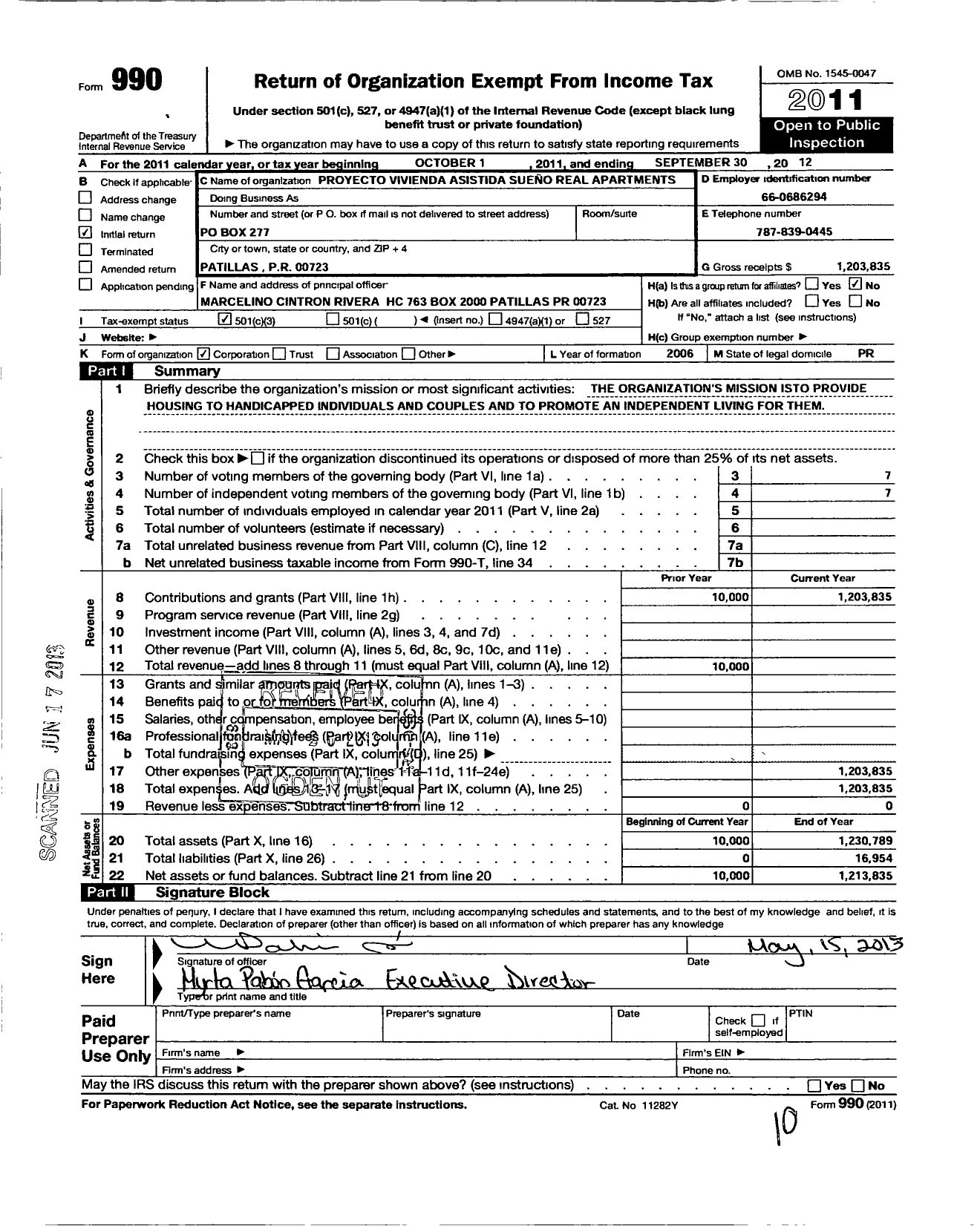 Image of first page of 2011 Form 990 for Proyecto de Vivienda Asistida Sueno Real Apartments