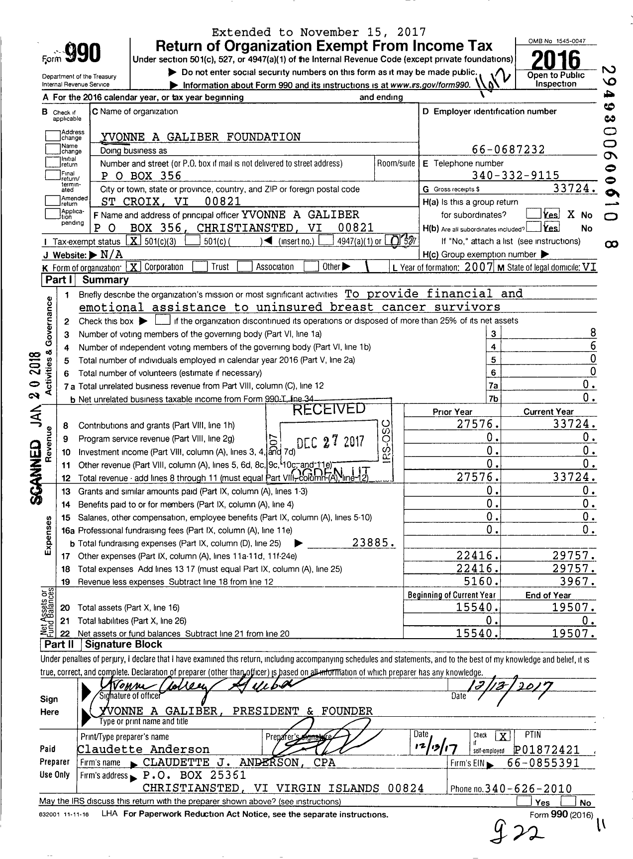 Image of first page of 2016 Form 990 for Yvonne Ashley Galiber Foundation - Yag