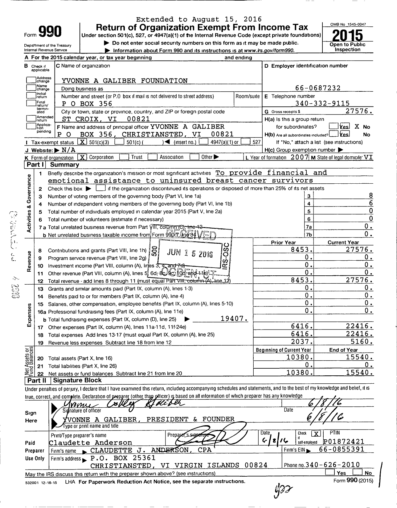 Image of first page of 2015 Form 990 for Yvonne Ashley Galiber Foundation - Yag