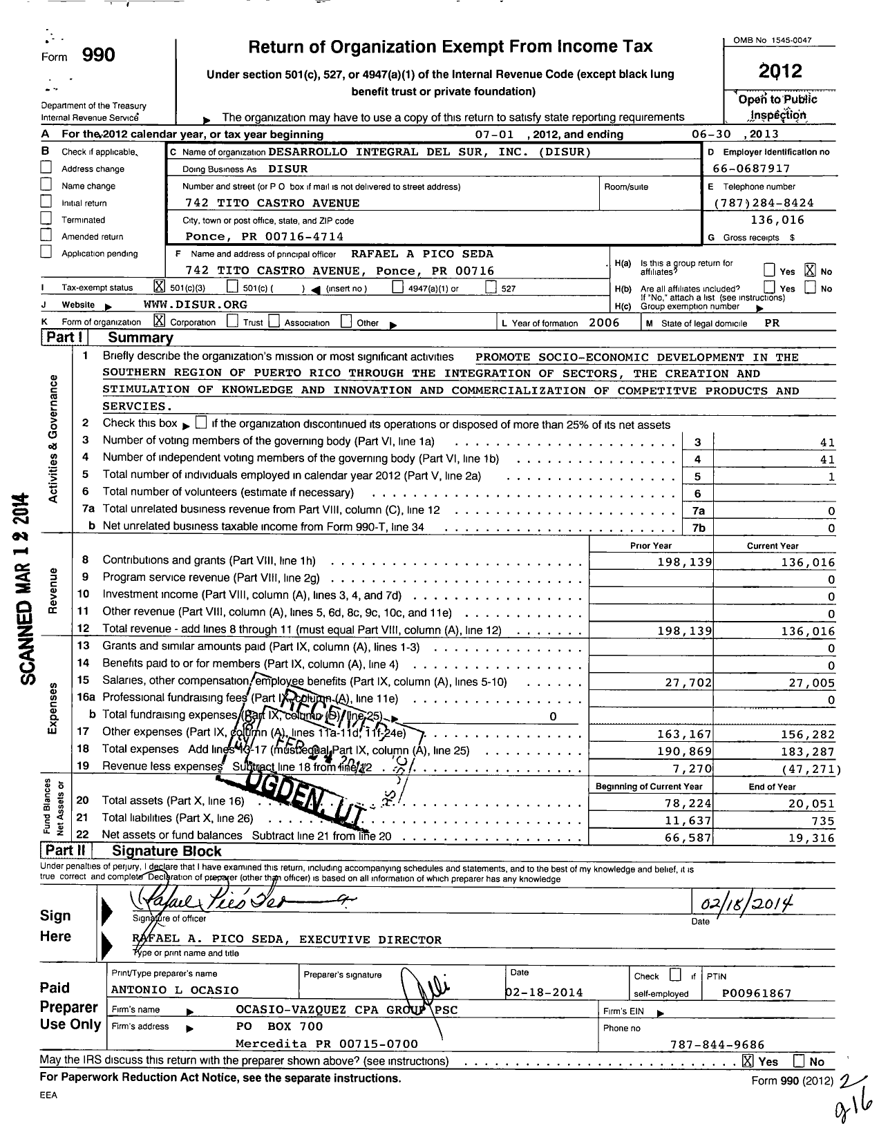 Image of first page of 2012 Form 990 for Desarrollo Integral Del Sur Disur