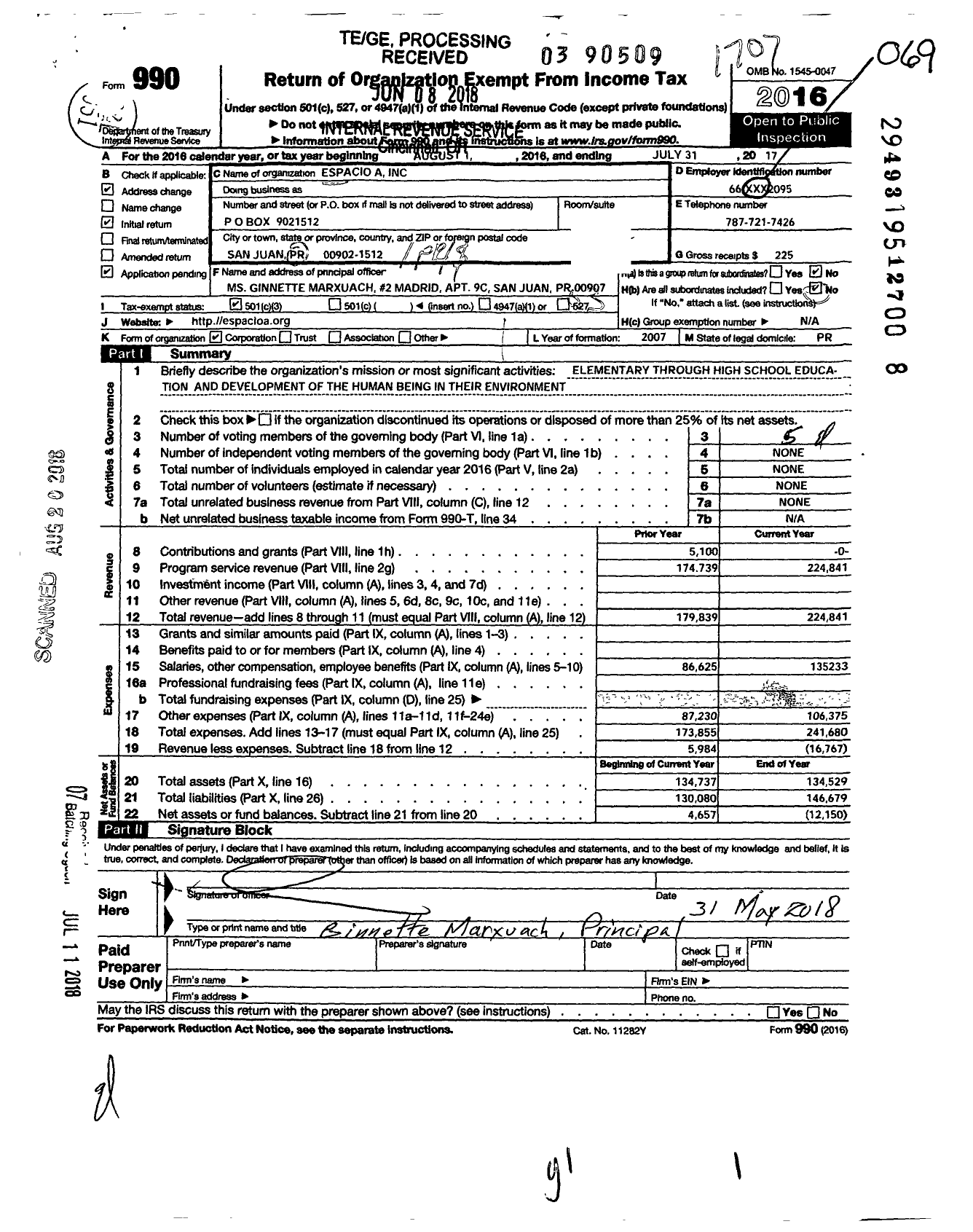 Image of first page of 2016 Form 990 for Espacio A
