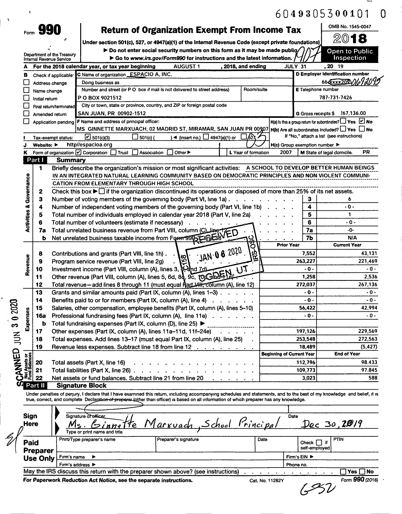 Image of first page of 2018 Form 990 for Espacio A