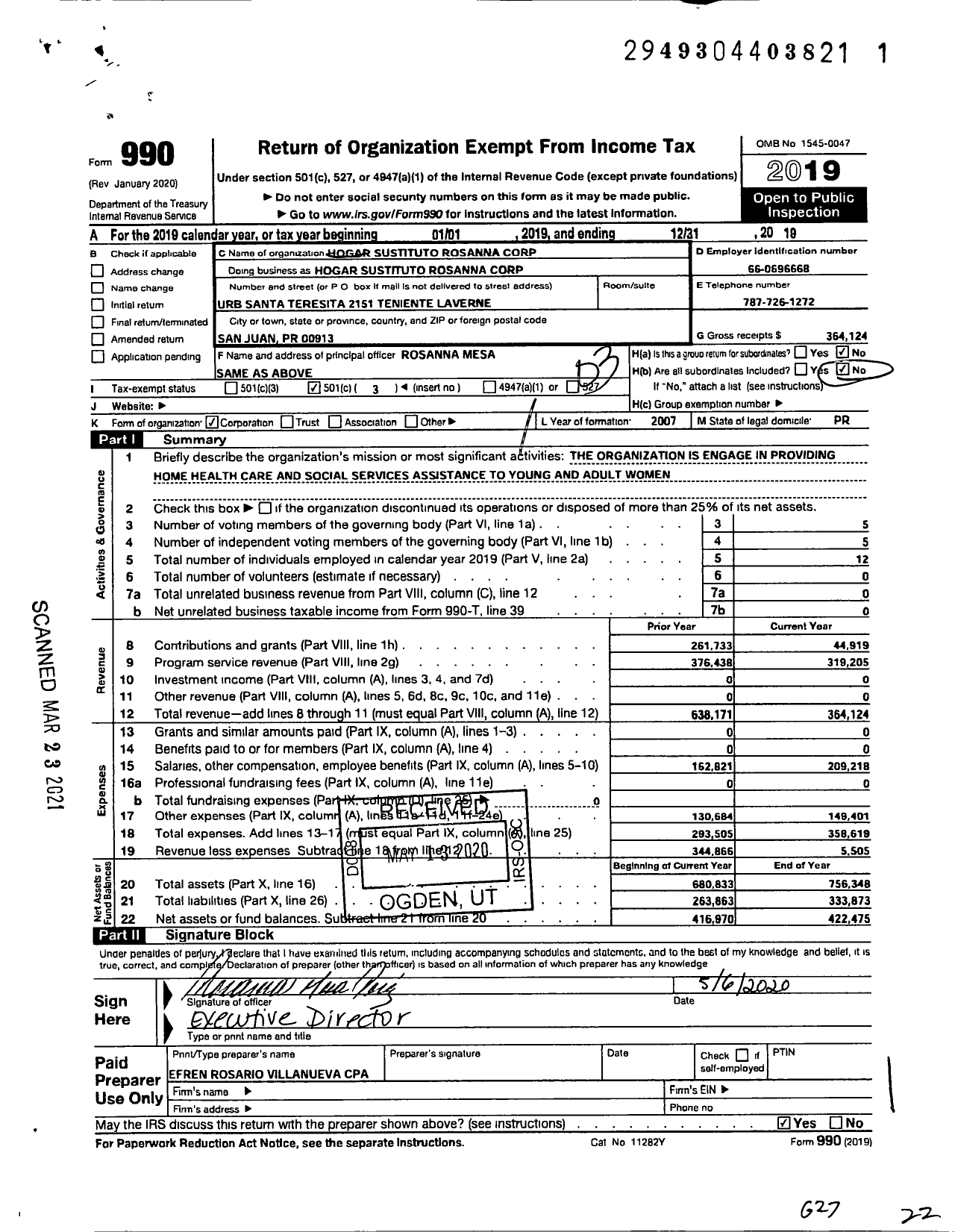 Image of first page of 2019 Form 990 for Hogar Sustituto Rosanna Corporation