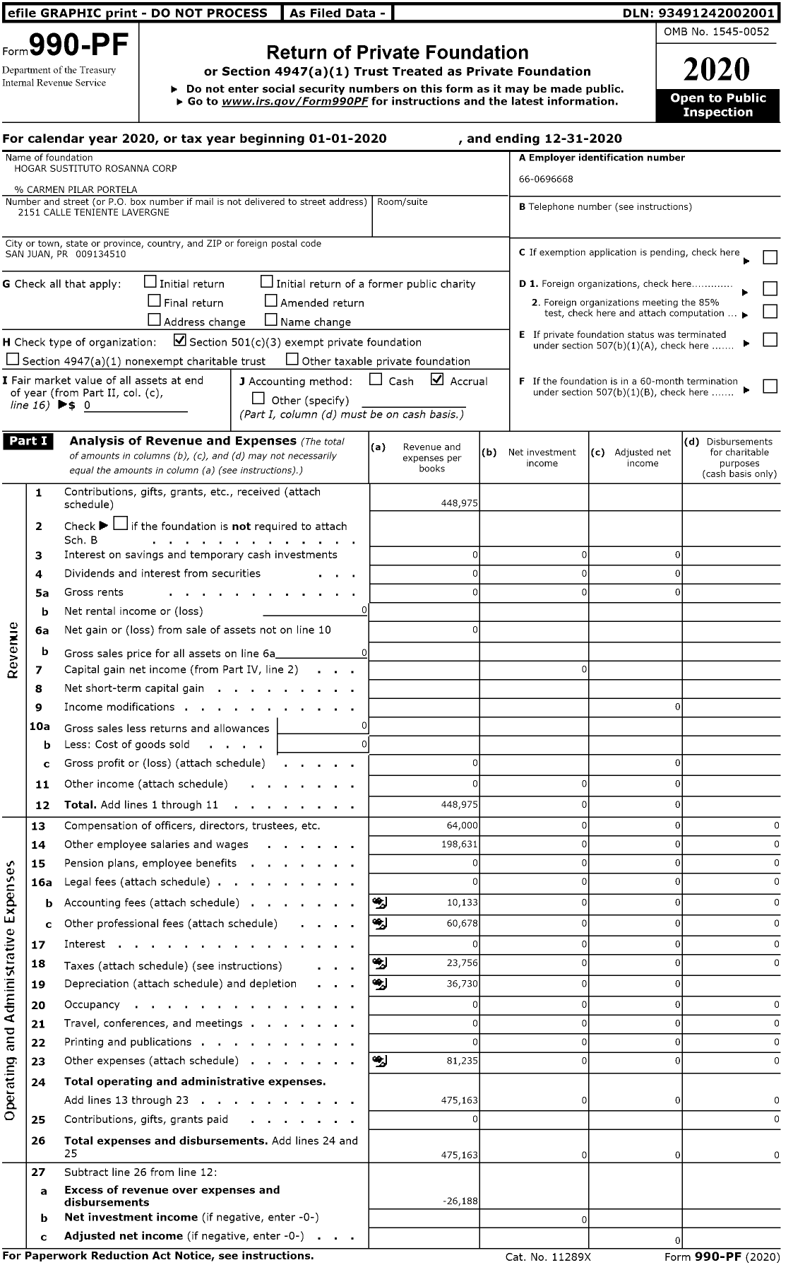 Image of first page of 2020 Form 990PF for Hogar Sustituto Rosanna Corporation