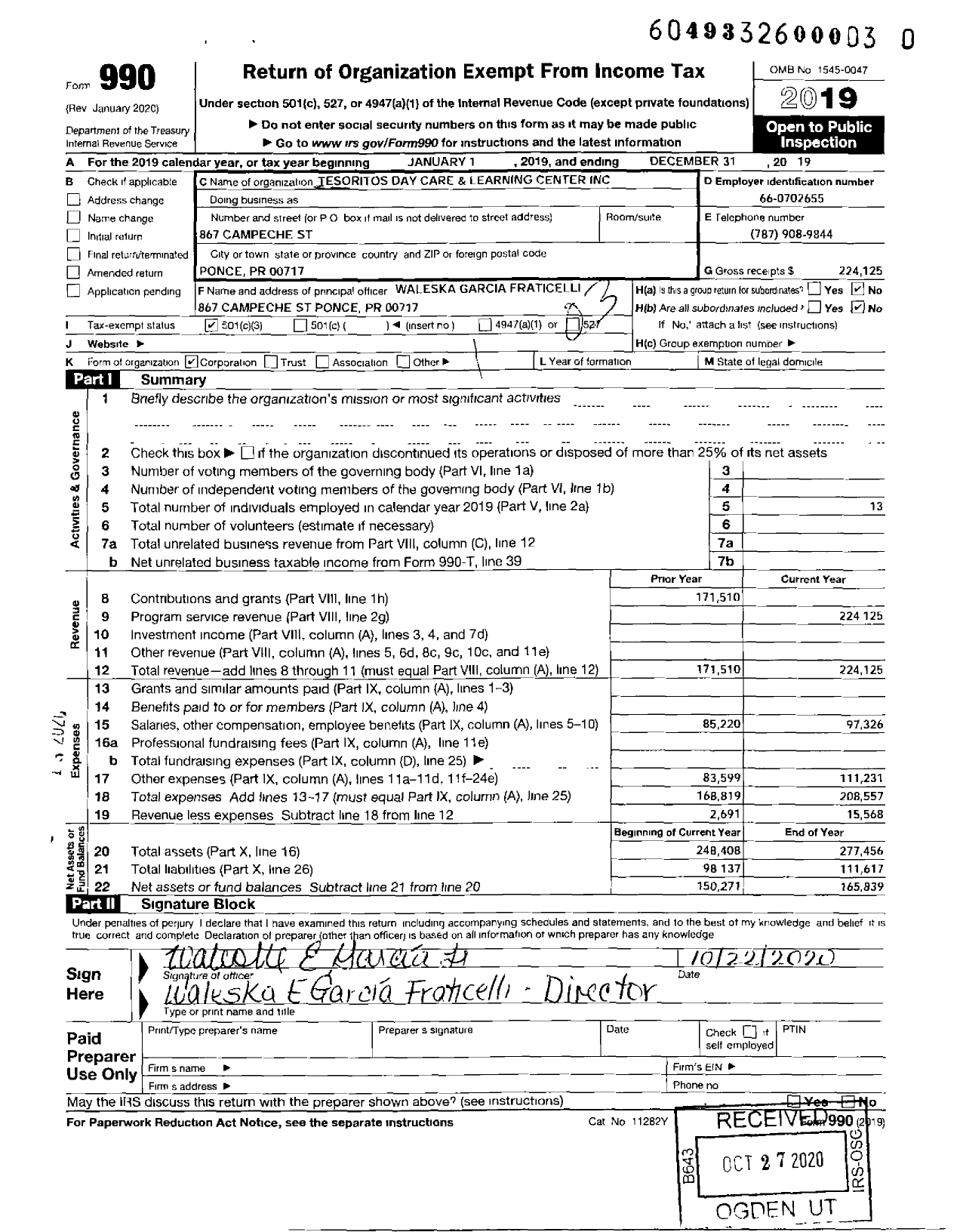 Image of first page of 2019 Form 990 for Tesoritos Daycare and Learning Center