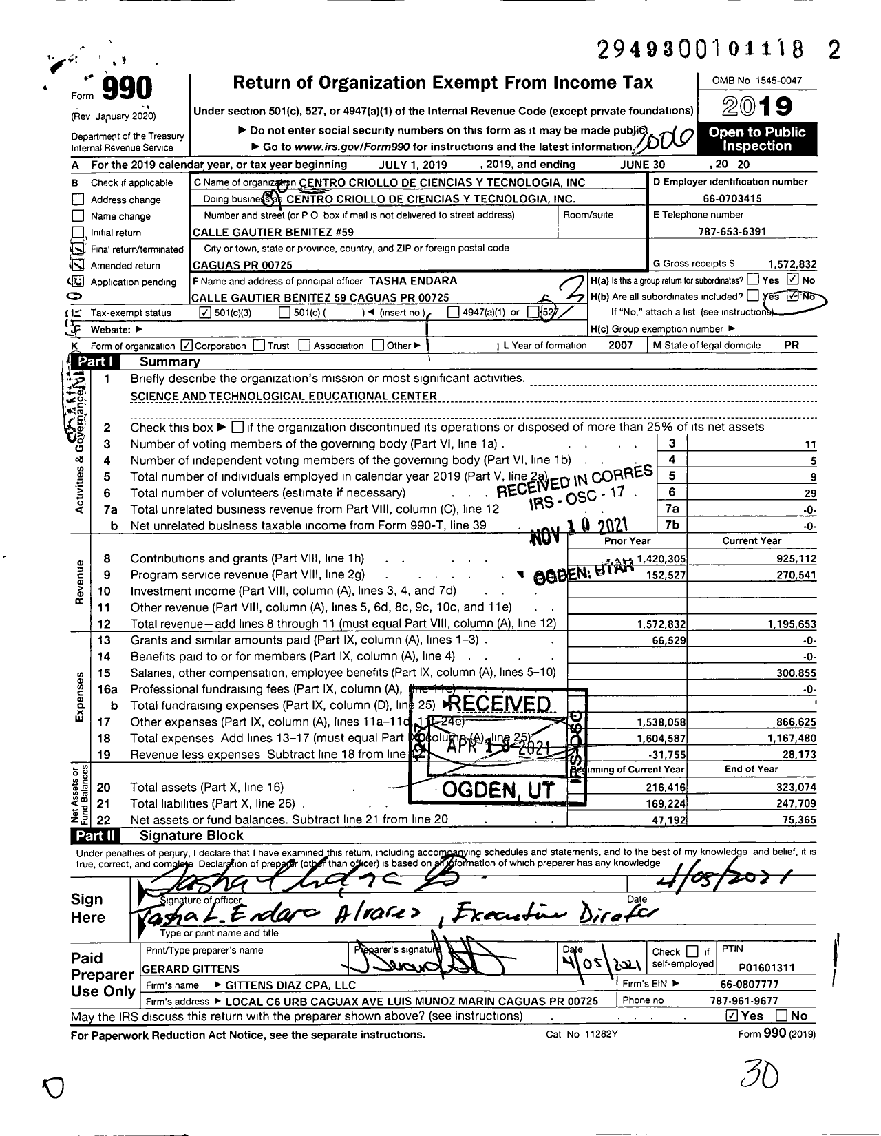 Image of first page of 2019 Form 990 for Centro Criollo de Ciencias y Technologia