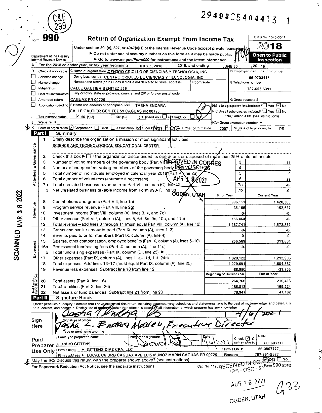 Image of first page of 2018 Form 990 for Centro Criollo de Ciencias y Technologia