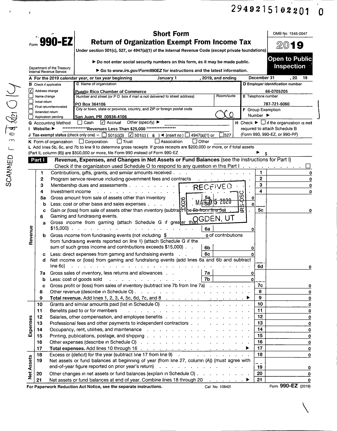 Image of first page of 2019 Form 990EO for Puerto Rico Chamber of Commerce