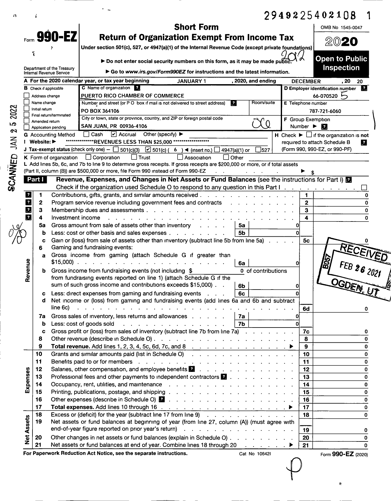 Image of first page of 2020 Form 990EO for Puerto Rico Chamber of Commerce