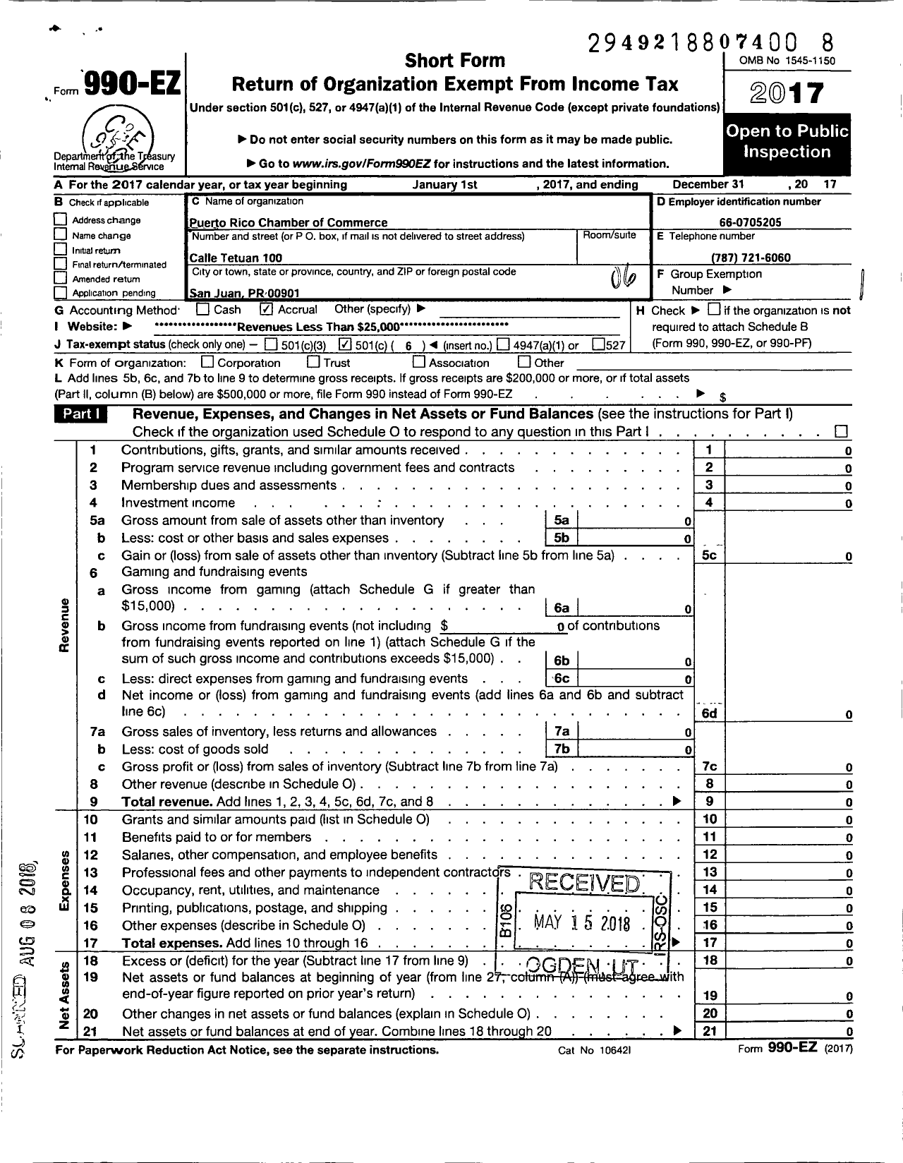 Image of first page of 2017 Form 990EO for Puerto Rico Chamber of Commerce