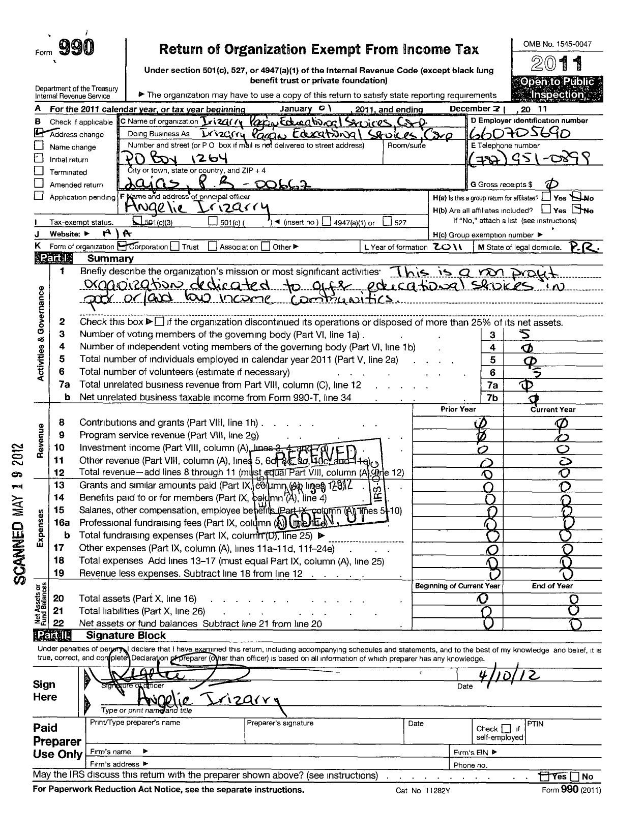 Image of first page of 2011 Form 990 for Irizarry-Pagan Educational Services Corporation