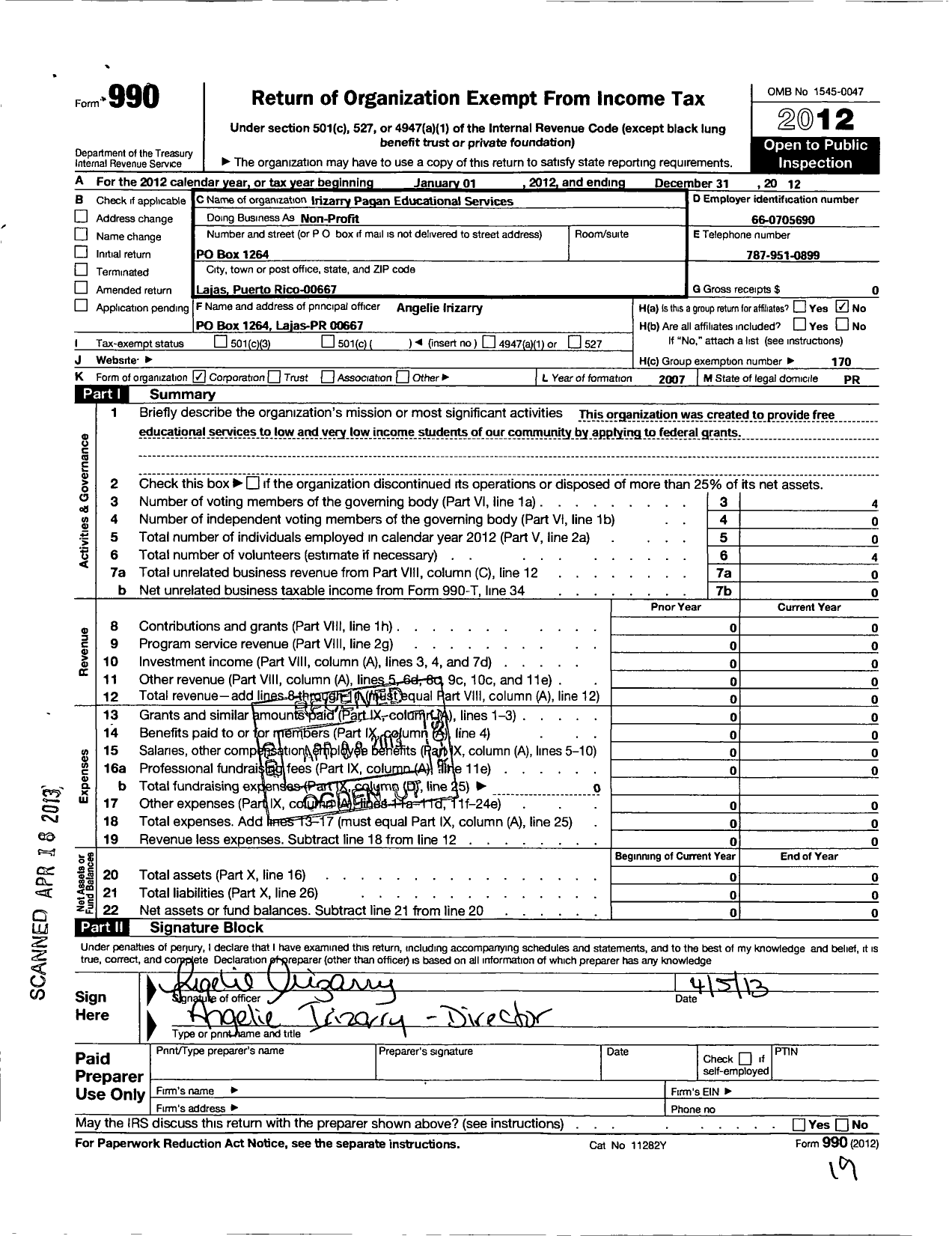 Image of first page of 2012 Form 990O for Irizarry-Pagan Educational Services Corporation