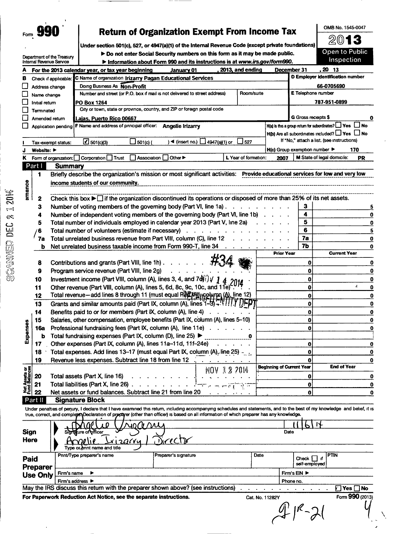 Image of first page of 2013 Form 990 for Irizarry-Pagan Educational Services Corporation