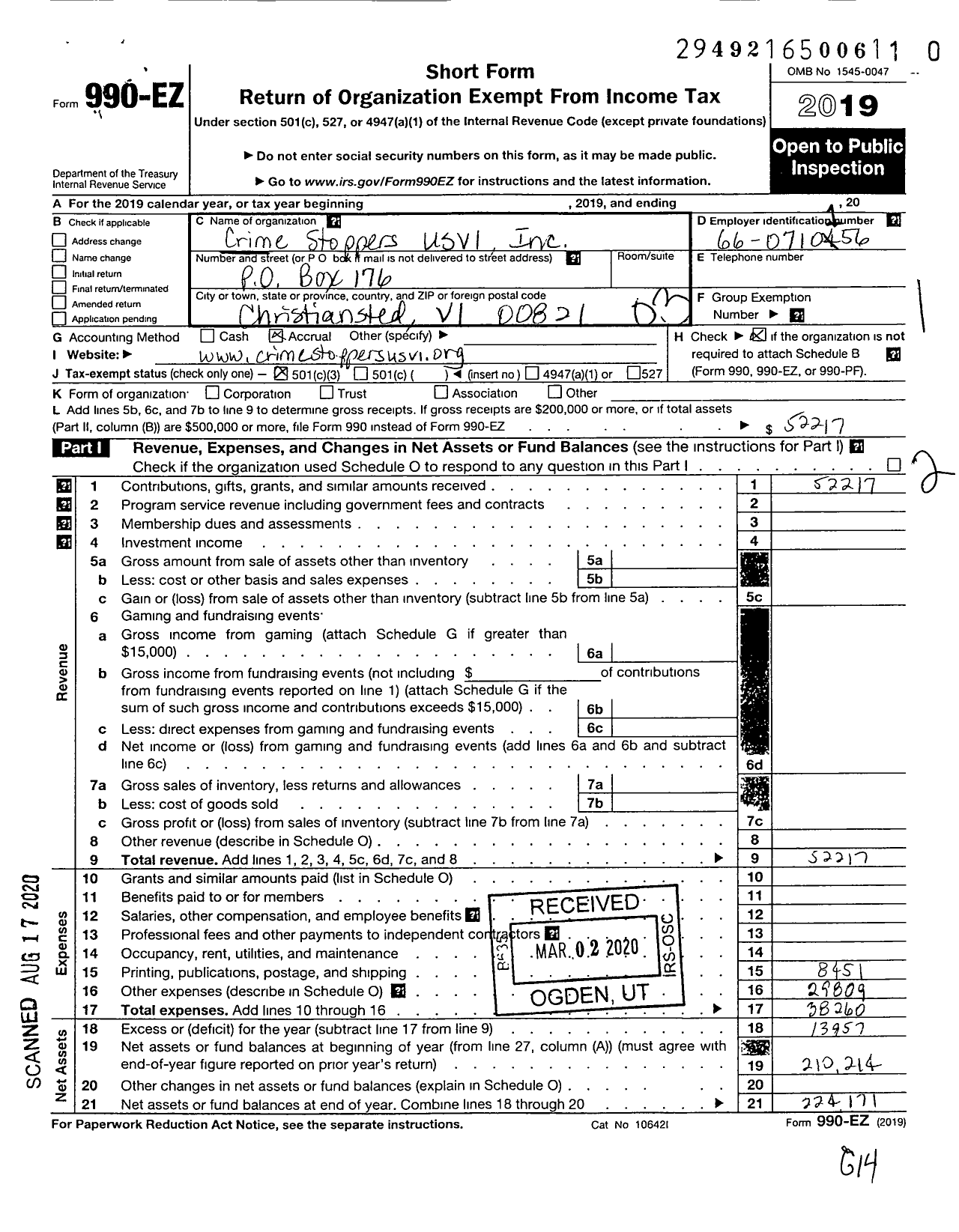 Image of first page of 2019 Form 990EZ for Crime Stoppers Usvi