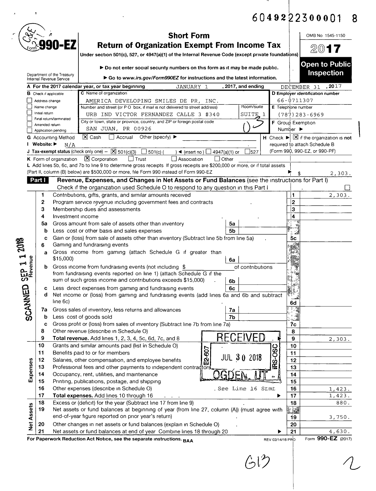 Image of first page of 2017 Form 990EZ for America Developing Smiles de PR