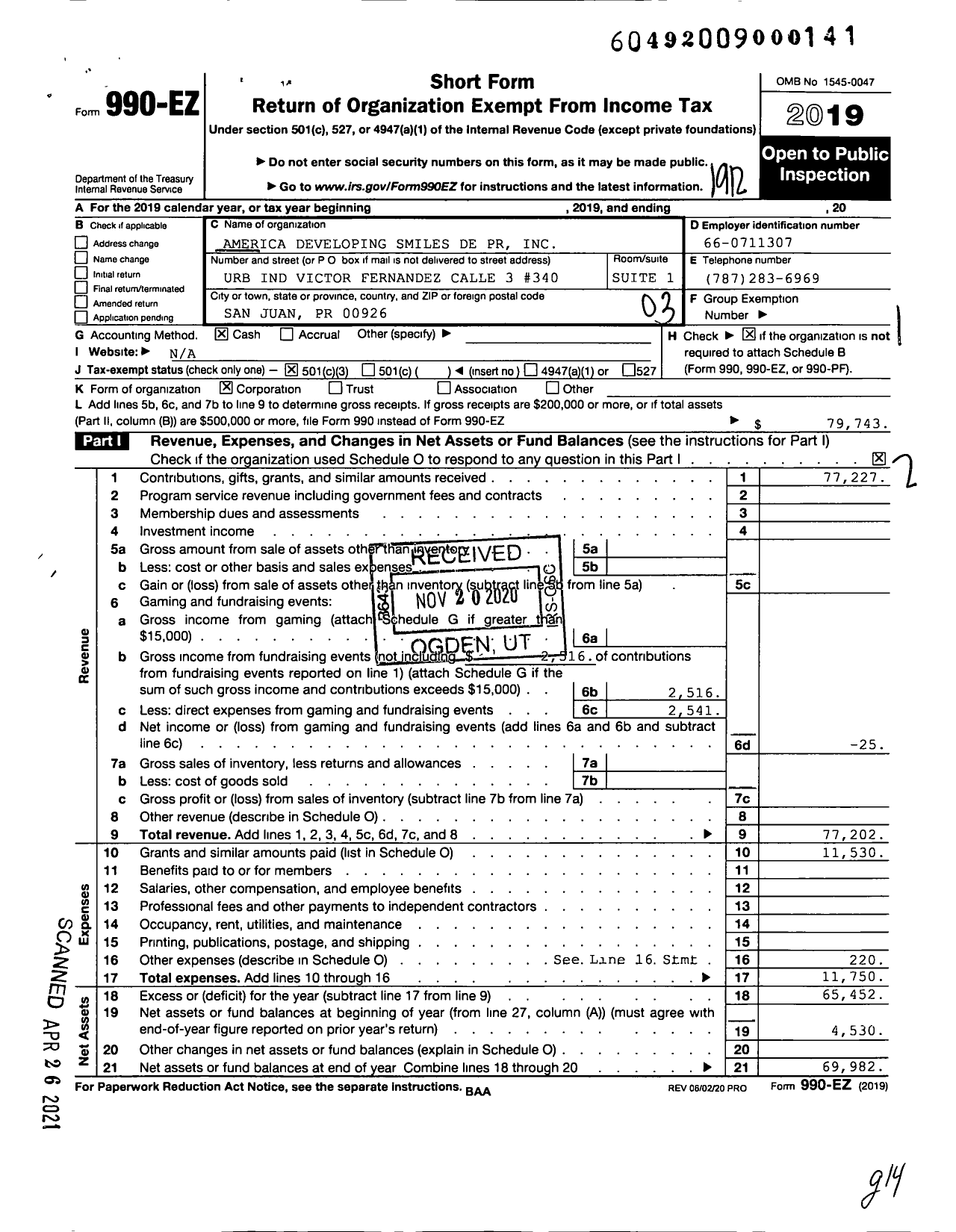 Image of first page of 2019 Form 990EZ for America Developing Smiles de PR