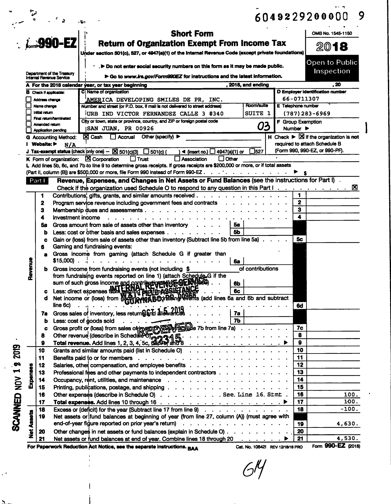 Image of first page of 2018 Form 990EZ for America Developing Smiles de PR