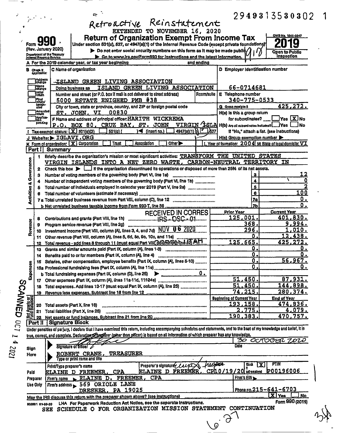 Image of first page of 2019 Form 990 for Island Green Living Association