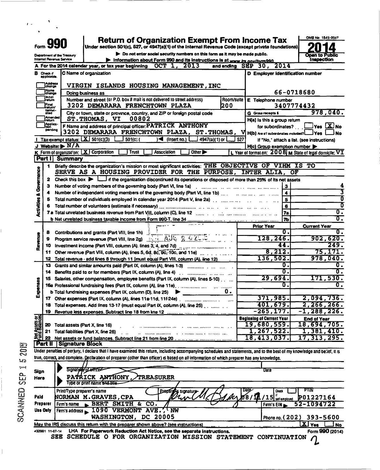 Image of first page of 2013 Form 990 for Virgin Islands Housing Management