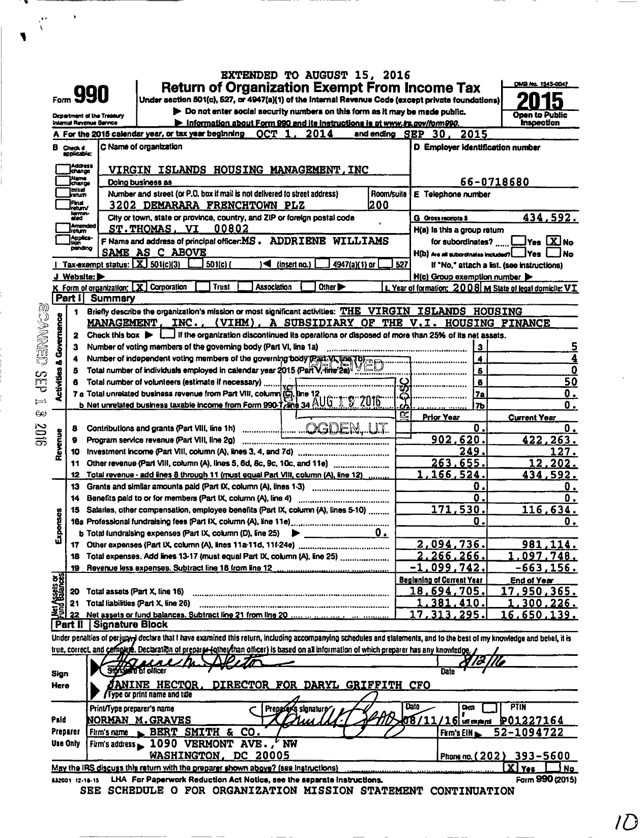 Image of first page of 2014 Form 990 for Virgin Islands Housing Management