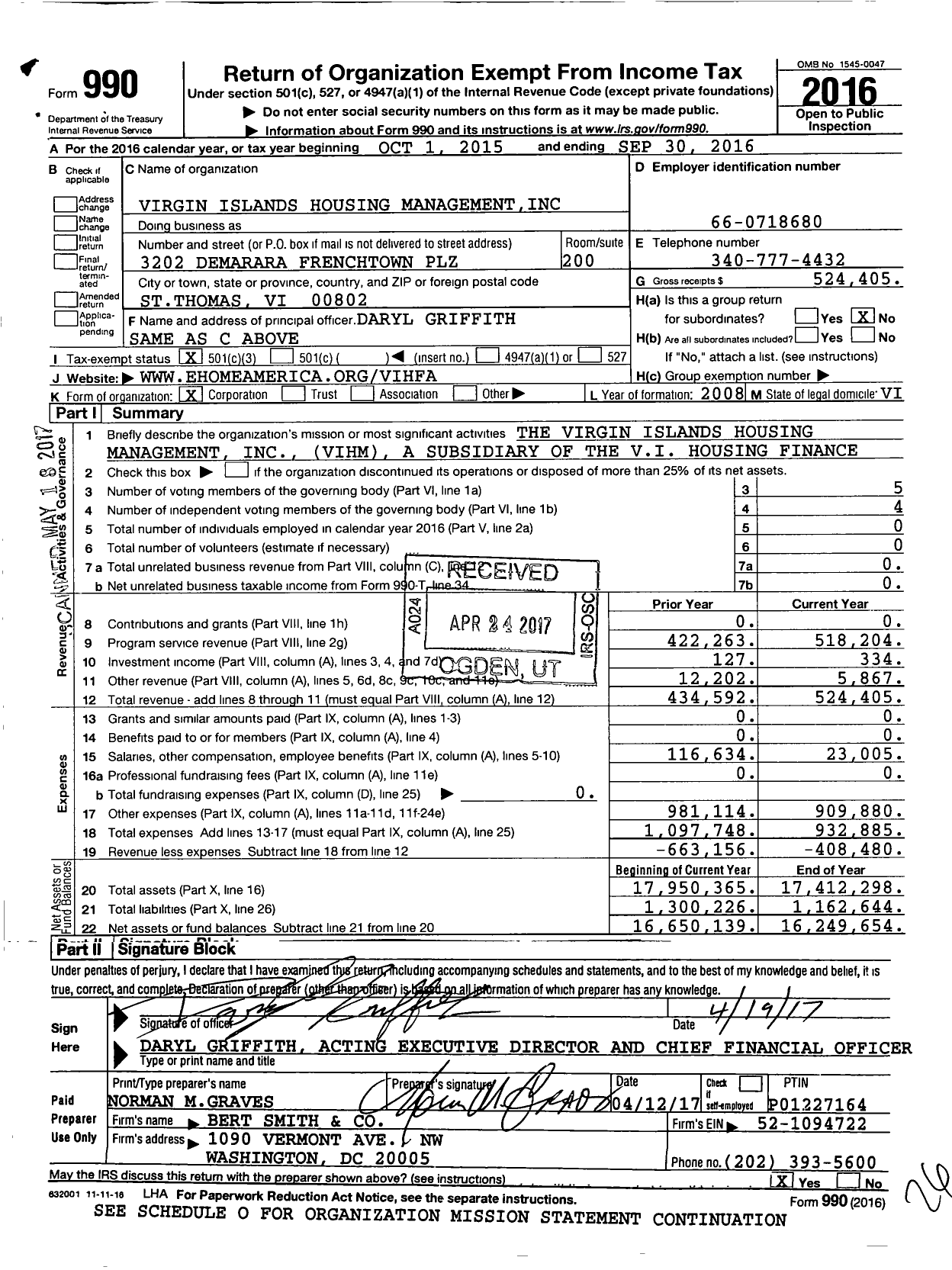 Image of first page of 2015 Form 990 for Virgin Islands Housing Management