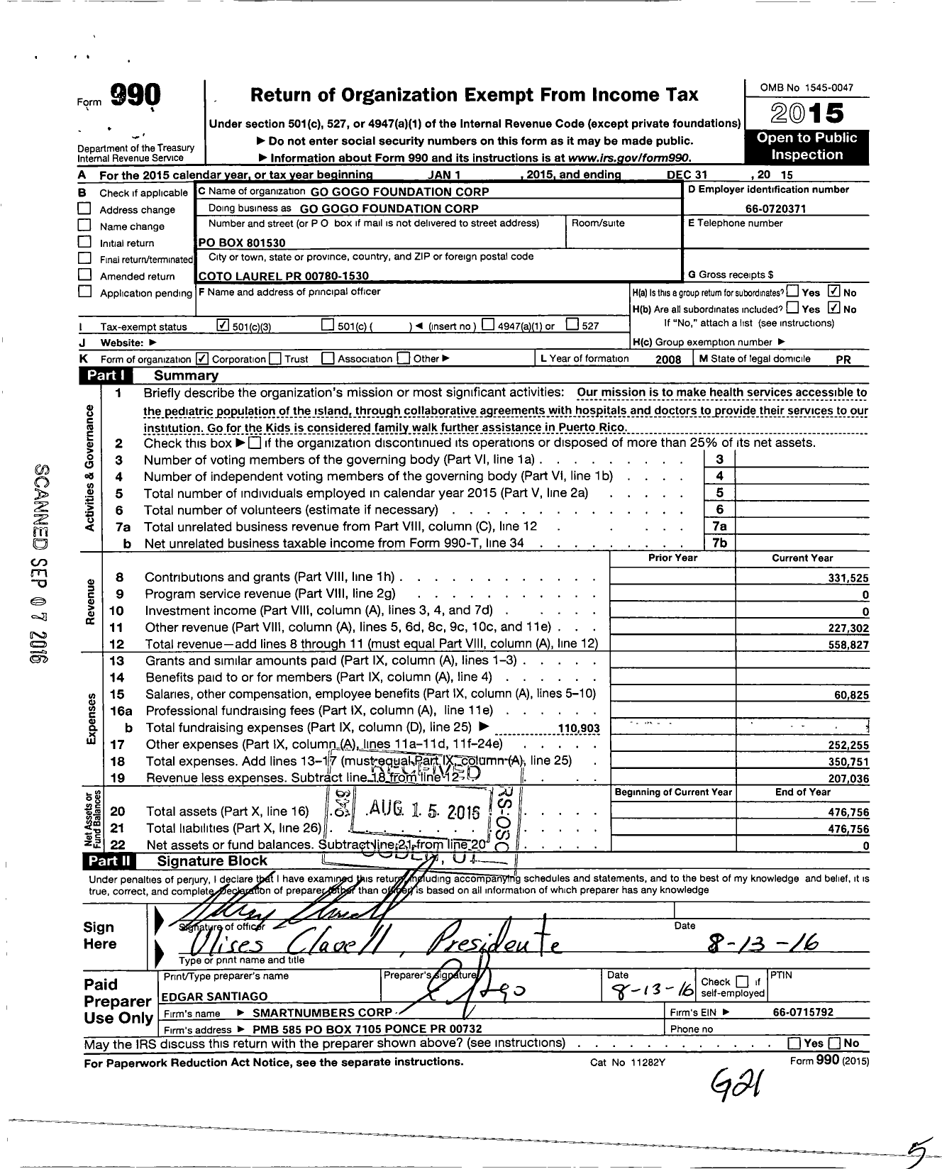 Image of first page of 2015 Form 990 for Go Gogo Foundation Corporation