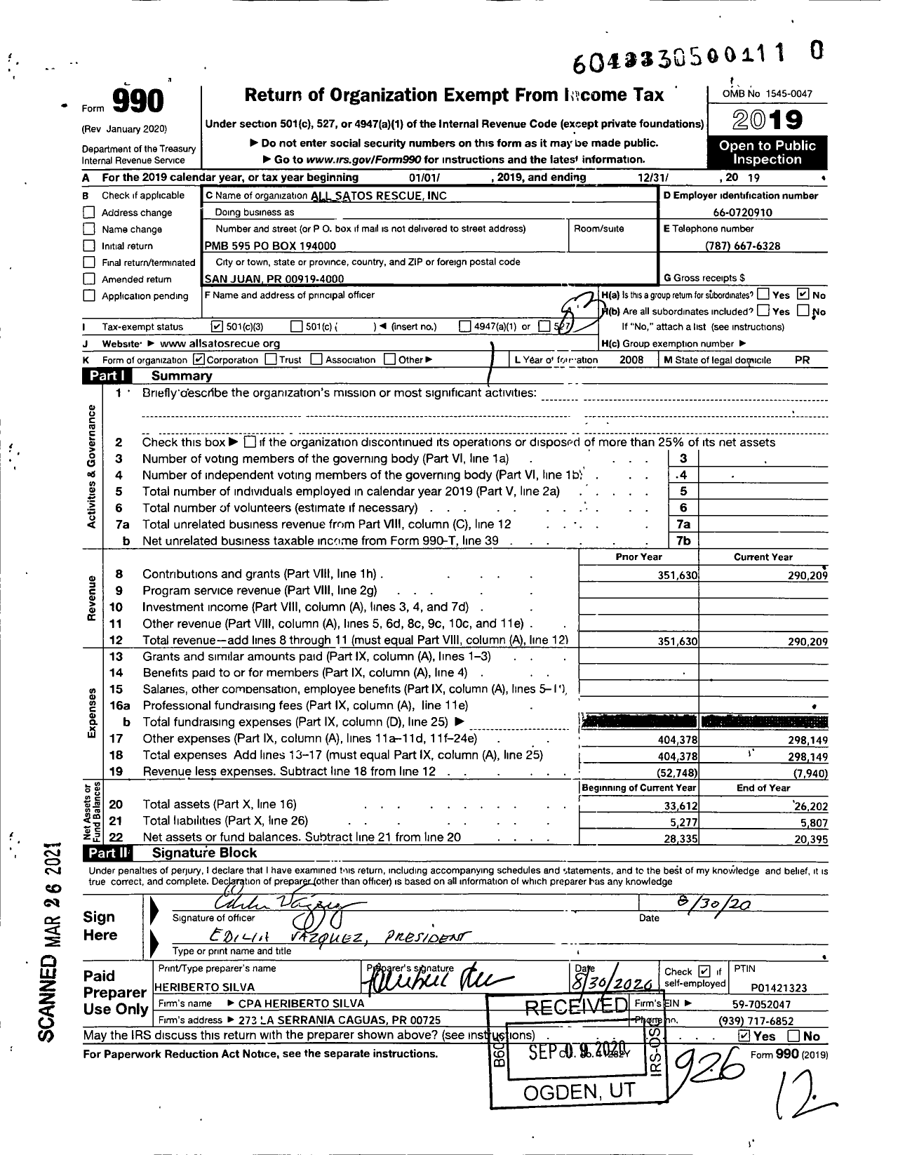 Image of first page of 2019 Form 990 for All Satos Rescue Incorporated